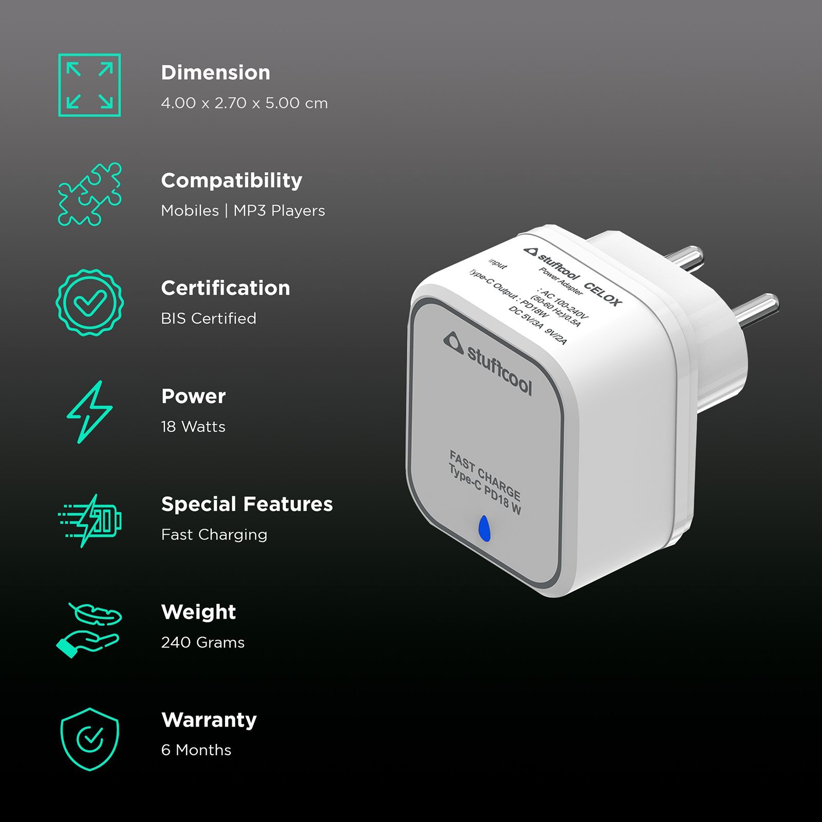 stuffcool Celox 18 Watts 1-Port USB Wall Charging Adapter (PD18W, White)_2