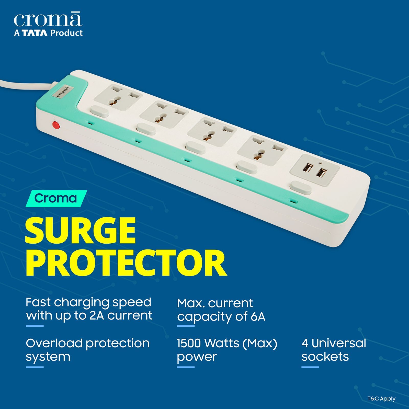 Croma 6 Amps 4 Sockets Surge Protector with Individual Switch (2 Meters, Child Safety Shutters, CRCP1001, Blue) Croma 6 Amps 4 Sockets Surge Protector with Individual Switch (2 Meters, Child Safety Shutters, CRCP1001, Blue)_7