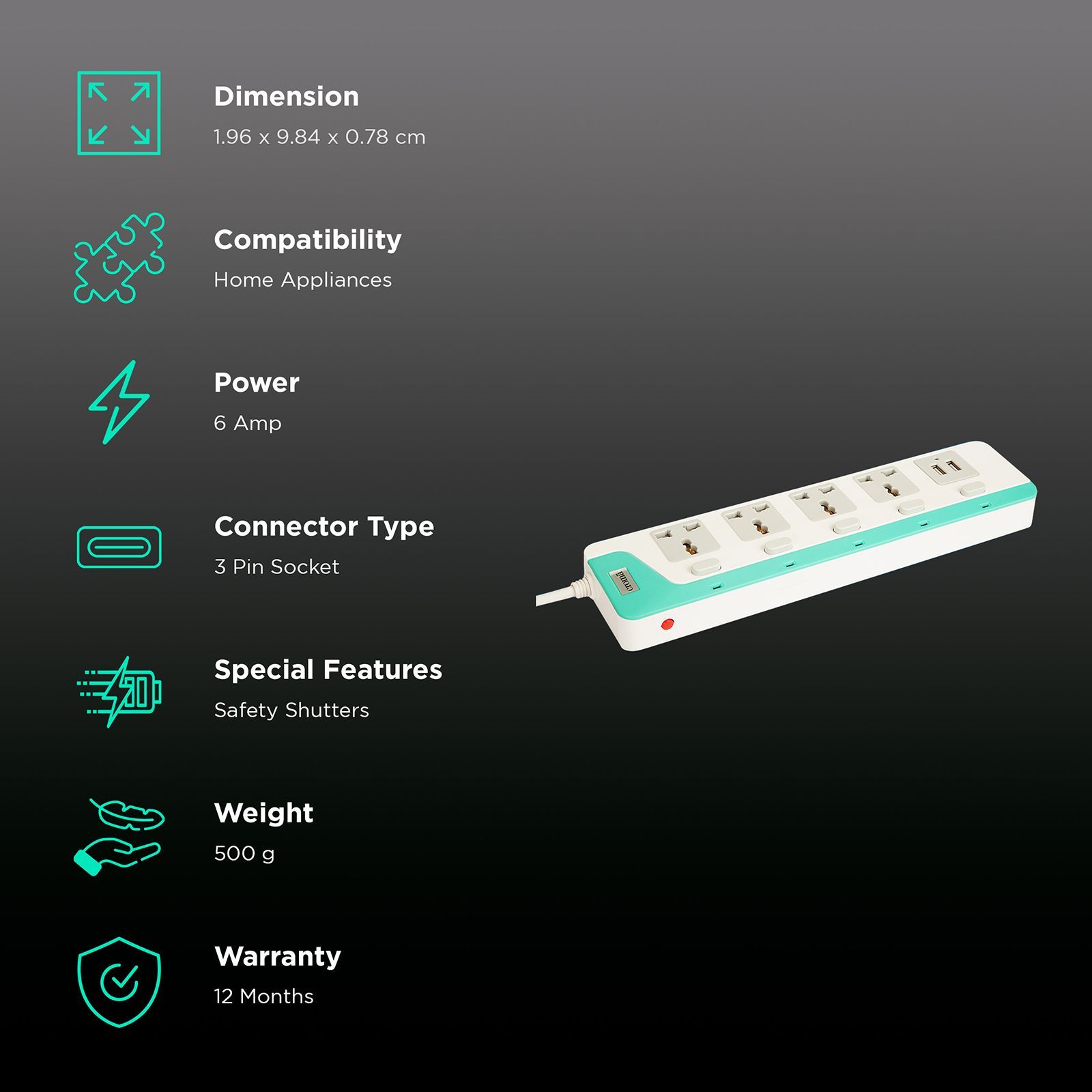 Croma 6 Amps 4 Sockets Surge Protector with Individual Switch (2 Meters, Child Safety Shutters, CRCP1001, Blue) Croma 6 Amps 4 Sockets Surge Protector with Individual Switch (2 Meters, Child Safety Shutters, CRCP1001, Blue)_2