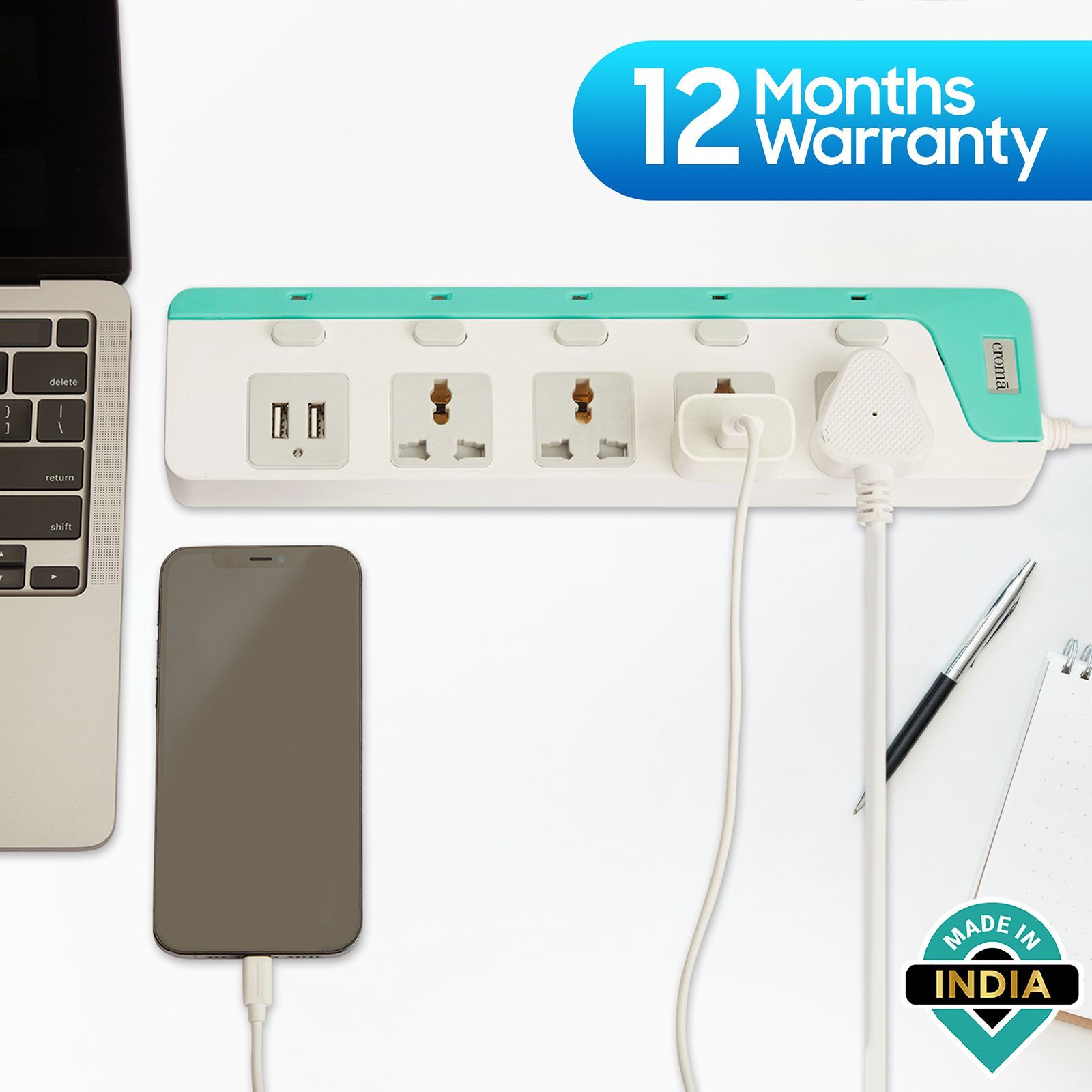 Croma 6 Amps 4 Sockets Surge Protector with Individual Switch (2 Meters, Child Safety Shutters, CRCP1001, Blue) Croma 6 Amps 4 Sockets Surge Protector with Individual Switch (2 Meters, Child Safety Shutters, CRCP1001, Blue)_3