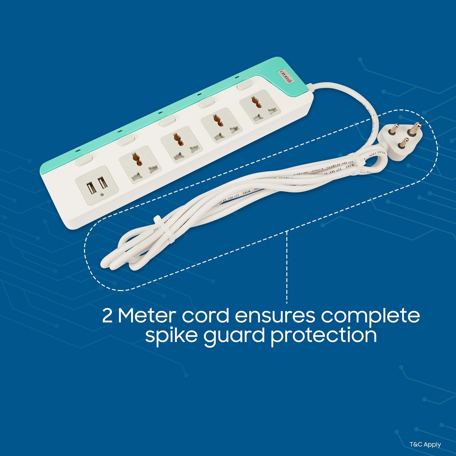 Croma 6 Amps 4 Sockets Surge Protector with Individual Switch (2 Meters, Child Safety Shutters, CRCP1001, Blue) Croma 6 Amps 4 Sockets Surge Protector with Individual Switch (2 Meters, Child Safety Shutters, CRCP1001, Blue)_5