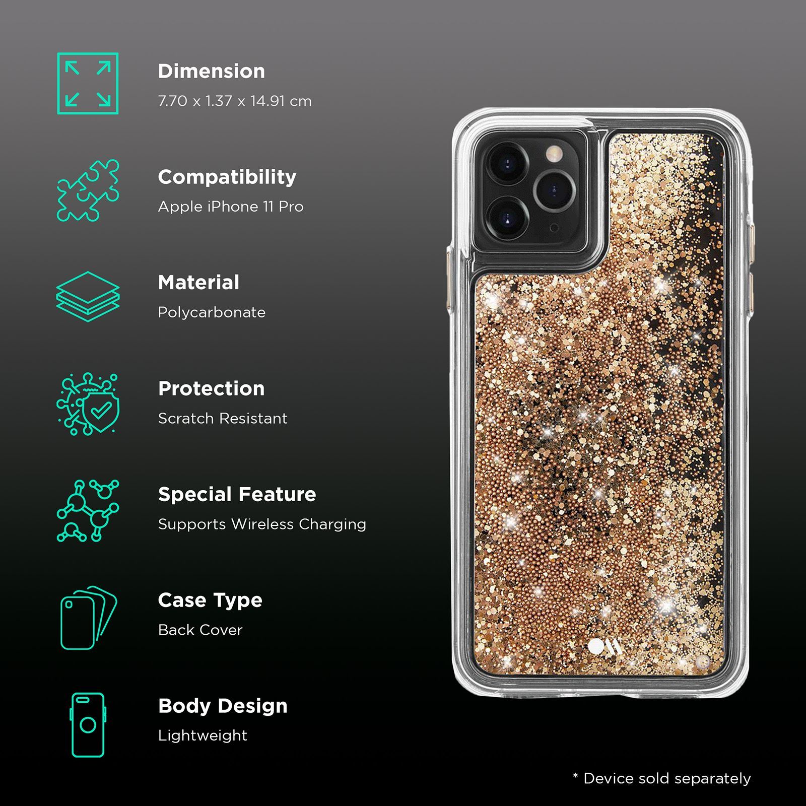 Case-Mate Waterfall Glitter Polycarbonate Back Cover for Apple iPhone 11 Pro (Wireless Charging Compatible, Gold Waterfall)_2