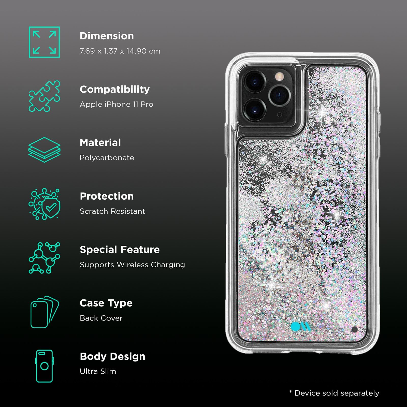 Case-Mate Waterfall Glitter Polycarbonate Back Cover for Apple iPhone 11 Pro (Wireless Charging Compatible, Iridescent Diamond)_2