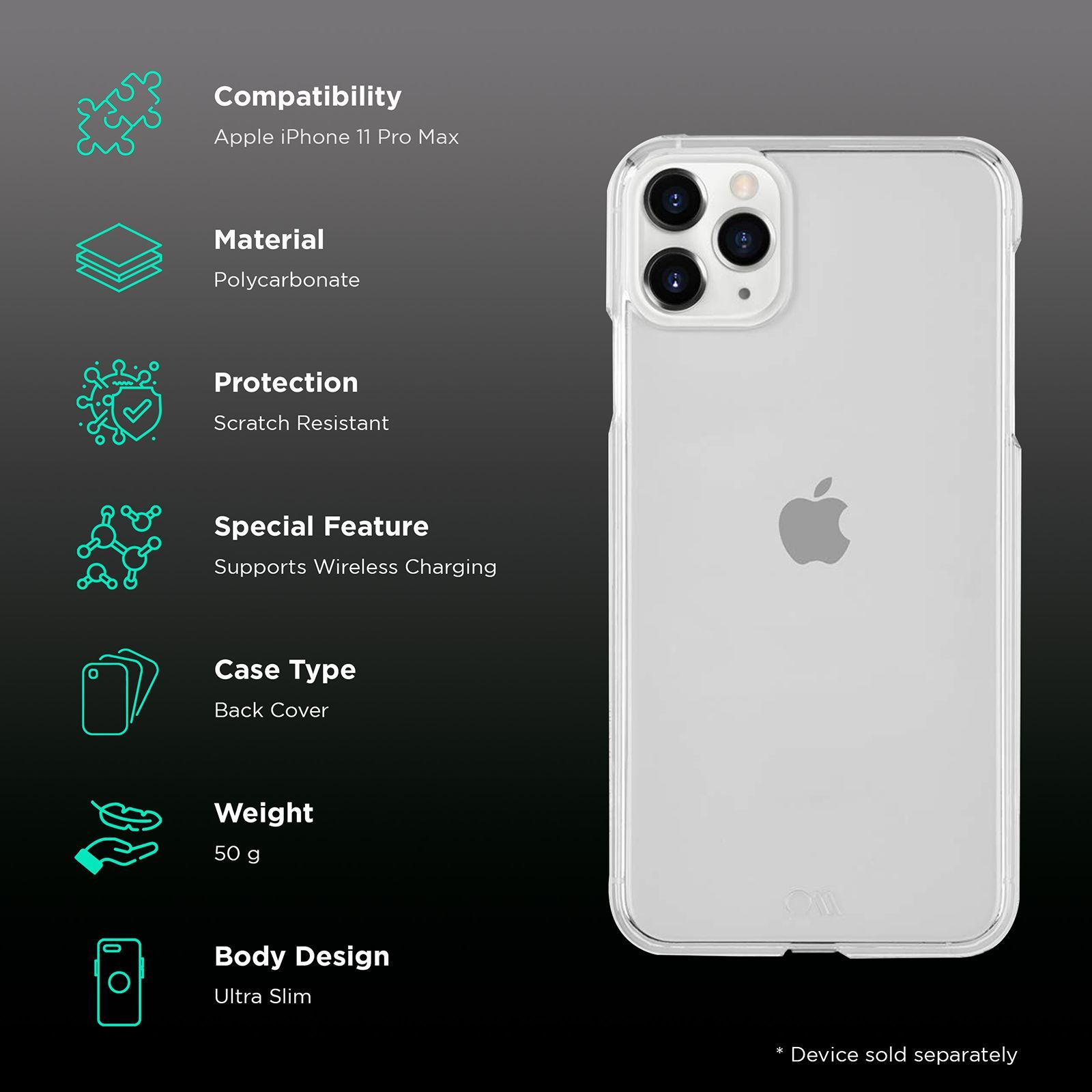 Case-Mate Barely Polycarbonate Back Cover for Apple iPhone 11 Pro Max (Anti Scratch, Transparent)_2