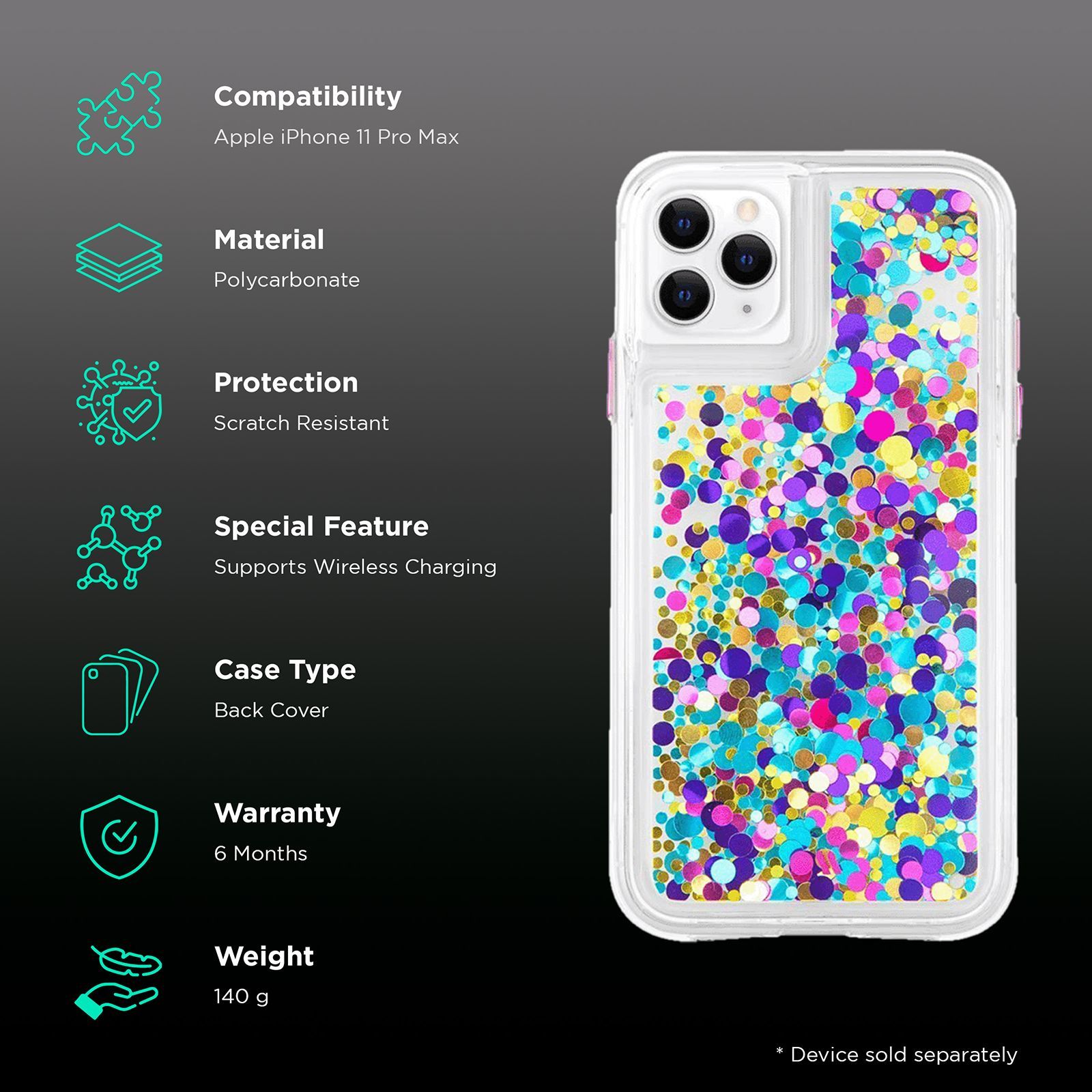 Case-Mate Waterfall Glitter Polycarbonate Back Cover for Apple iPhone 11 Pro Max (Wireless Charging Compatible, Confetti)_2