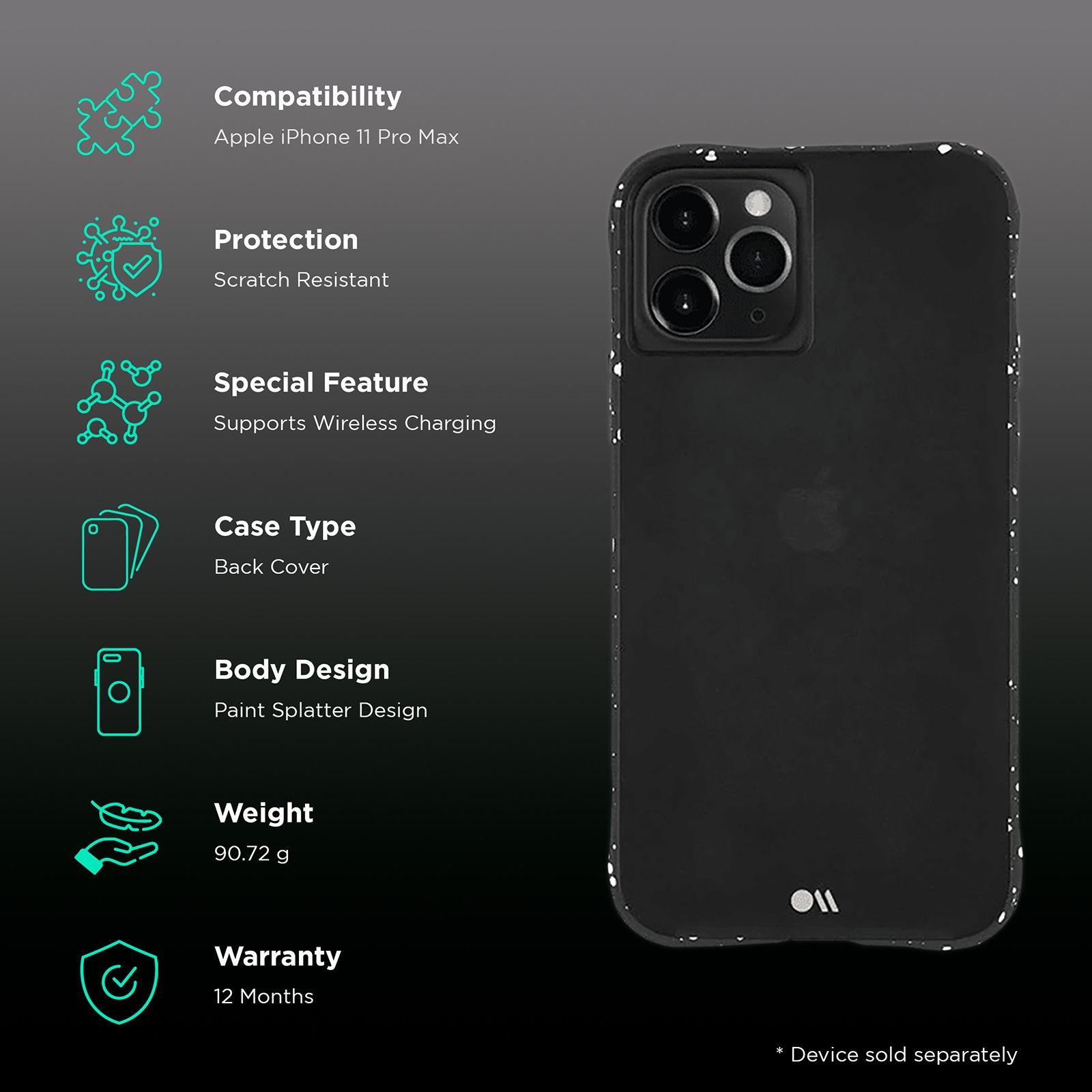 Case-Mate Back Cover for Apple iPhone 11 Pro Max (Paint Splatter Design, Speckled Black)_2