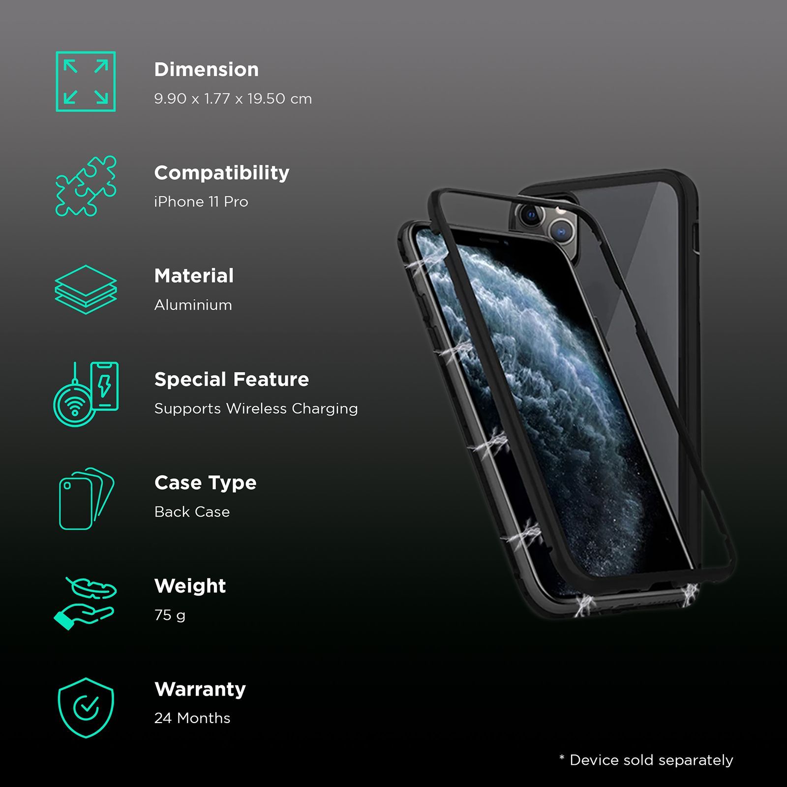 CYGNETT Ozone Tempered Glass & Aluminium Full Case Cover for Apple iPhone 11 Pro (Supports Wireless Charging, Black)_2