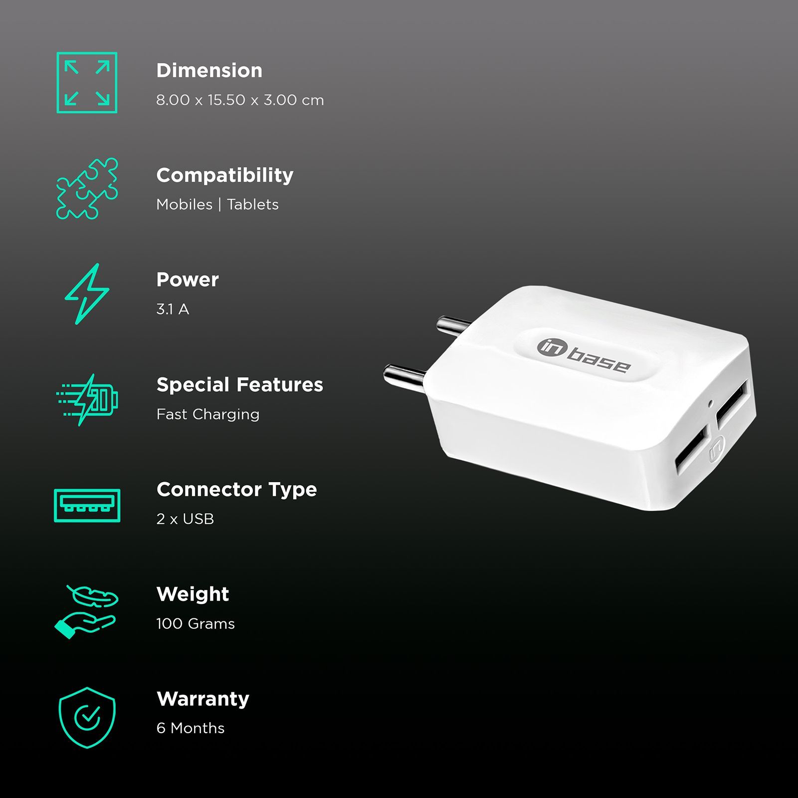 in base Type A 2-Port Fast Wall Charger (Adapter Only, LED Indicator, White)_2