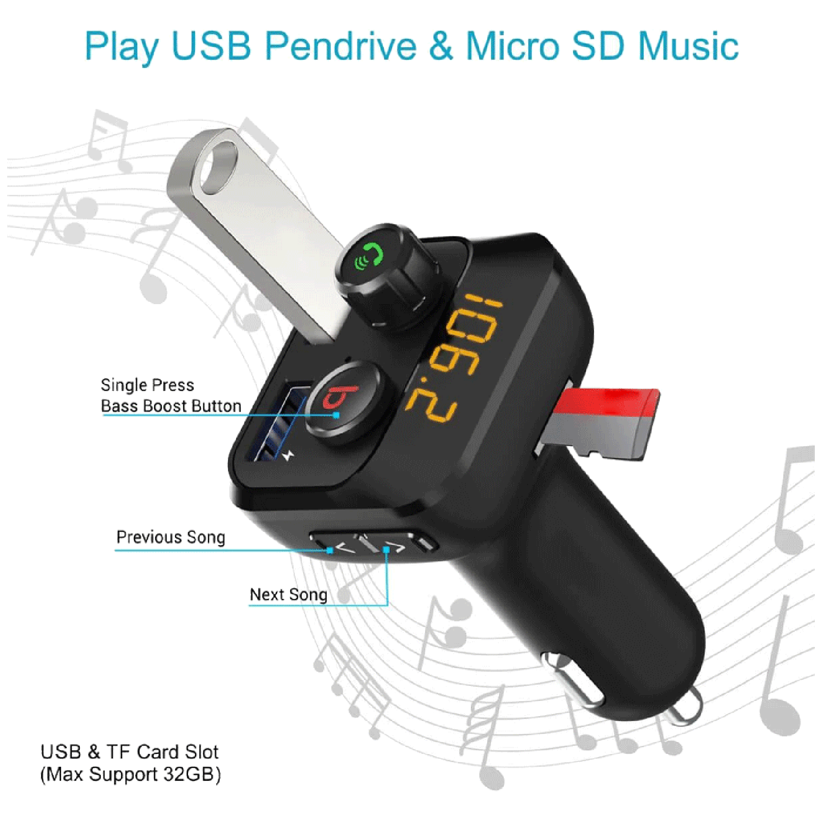 PORTRONICS Auto 10 Bluetooth & USB Car Charging Adapter (POR 320, Black)_9