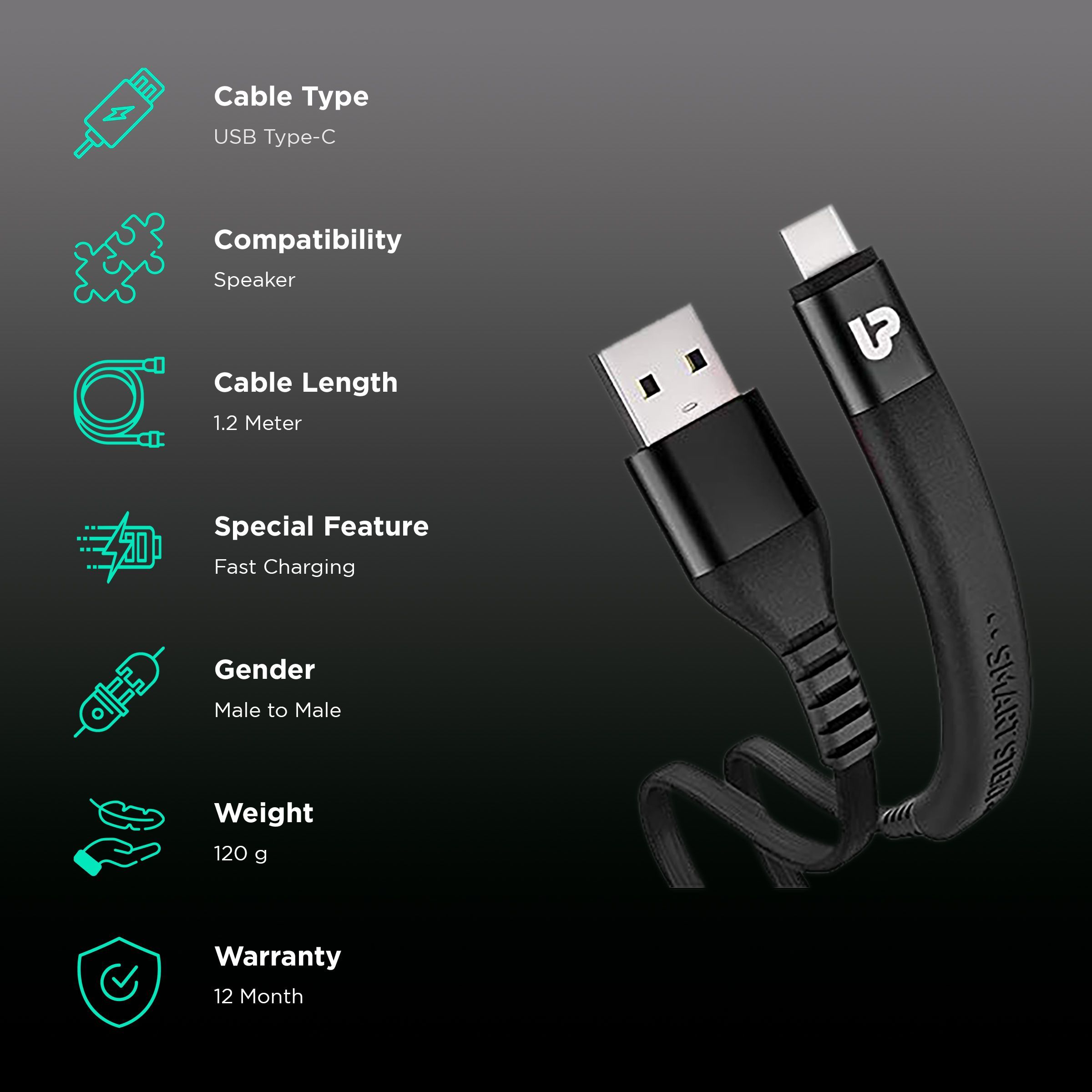 ultraprolink Flex Type A to Type C 3.9 Feet (1.2M) Cable (Tangle Free Flat Wire, Black)_2