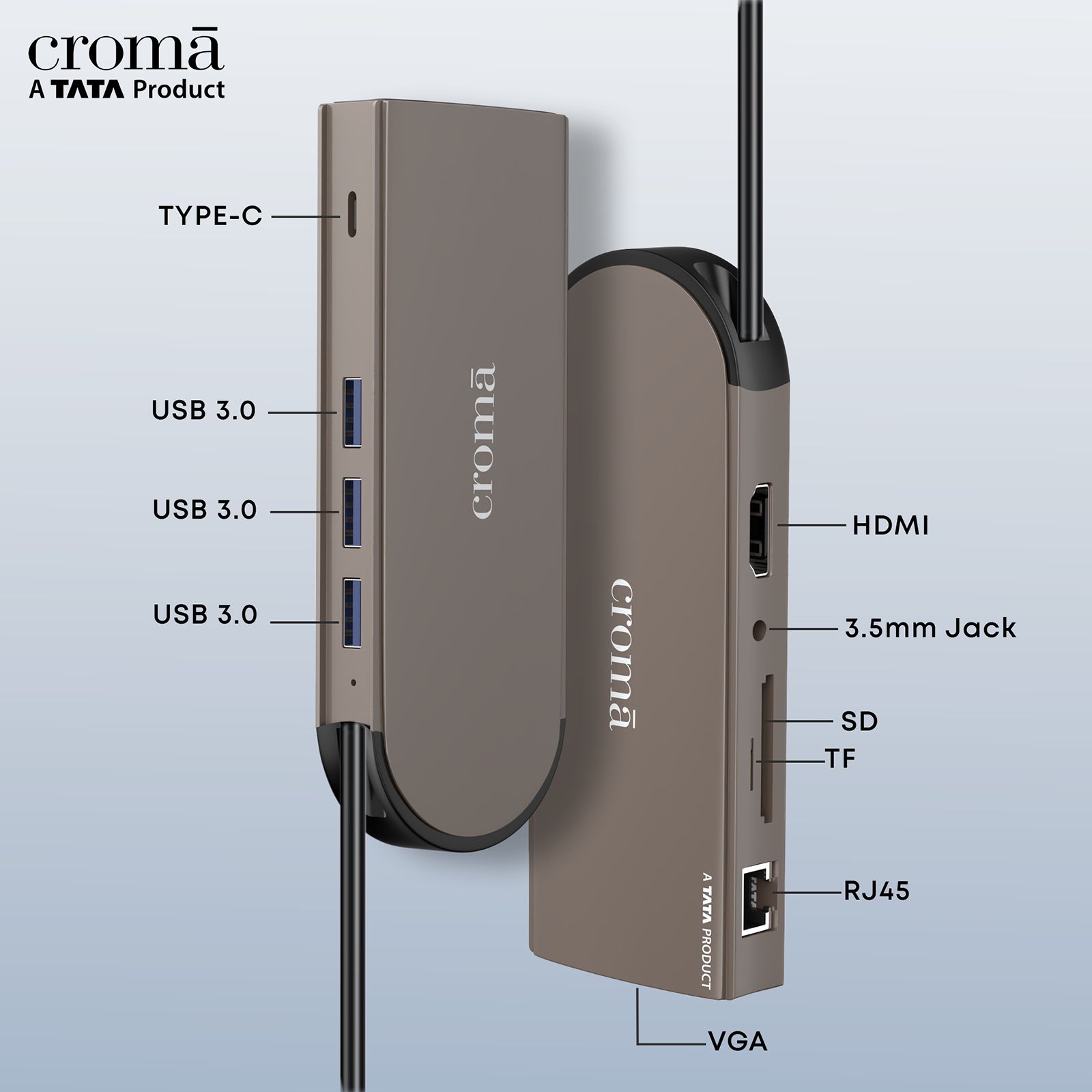 Croma 10-in-1 USB 3.0 Type C to USB 3.0 Type C, USB 3.0 Type A, SD Card Slot, TF Card Reader, RJ45, VGA Port, HDMI, 3.5mm Stereo Multi-Port Hub (High Speed Transfer Data, Silver)_3