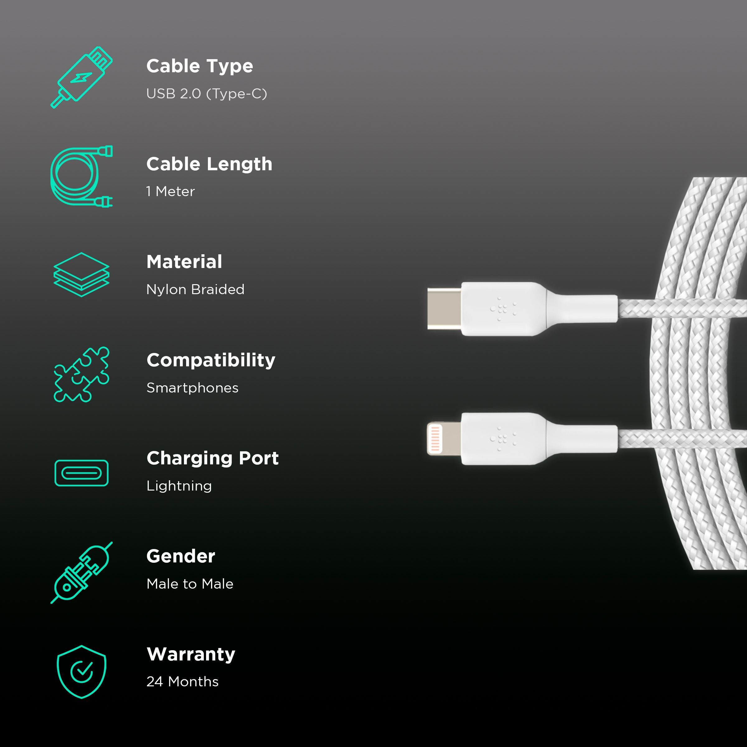 belkin Boost Charge USB 2.0 Type C to Lightning Charging Cable (Double Braided Nylon, White) belkin Boost Charge USB 2.0 Type C to Lightning Charging Cable (Double Braided Nylon, White)_2