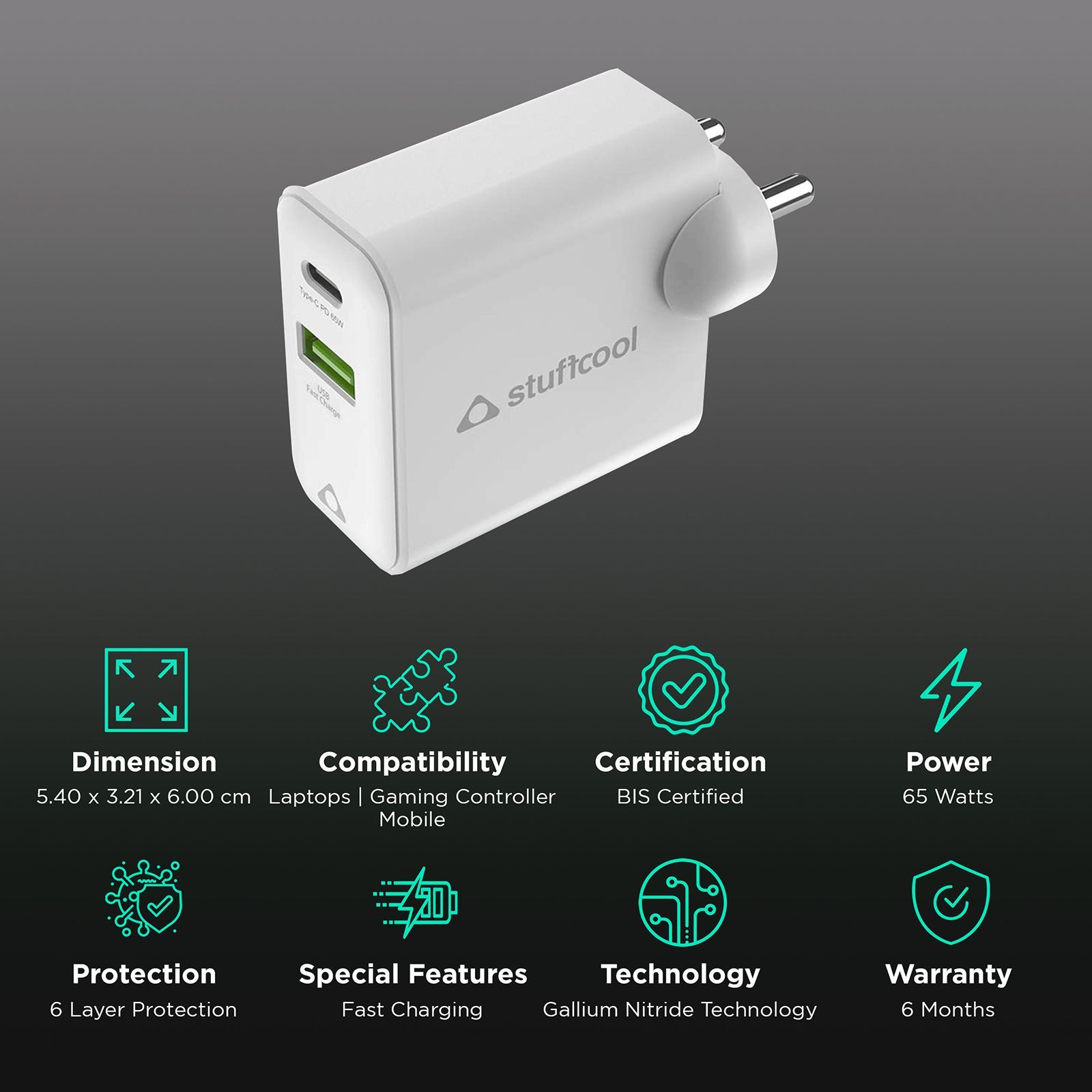 stuffcool Napoleon 65 Watts 2-Port USB Wall Charging Adapter (Gallium Nitride Technology, PD65W, White)_2