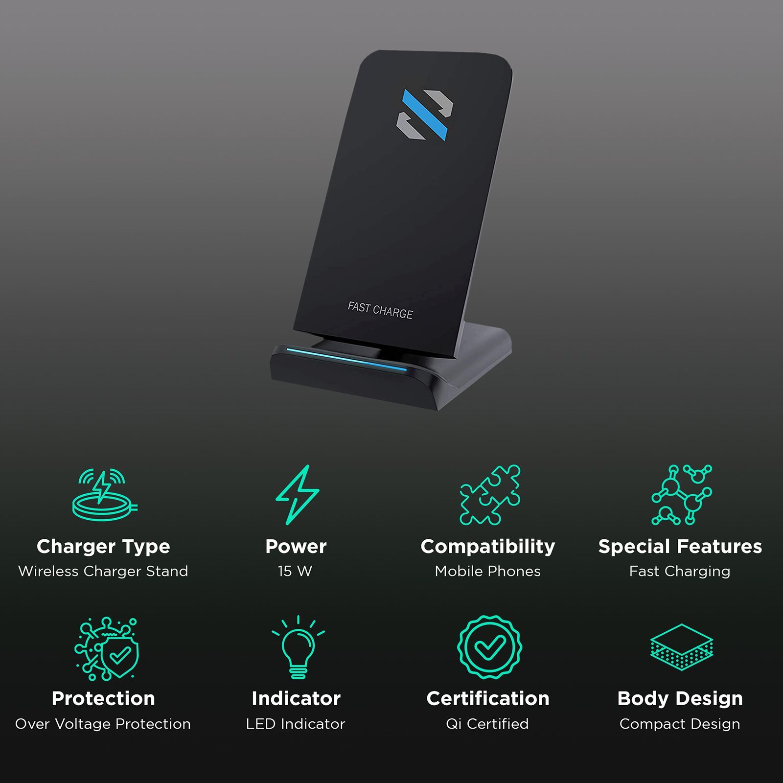 SKYVIK Beam 2 15W Wireless Charger for iPhone and Android (Qi Certified, Dual Coils, Black)_2