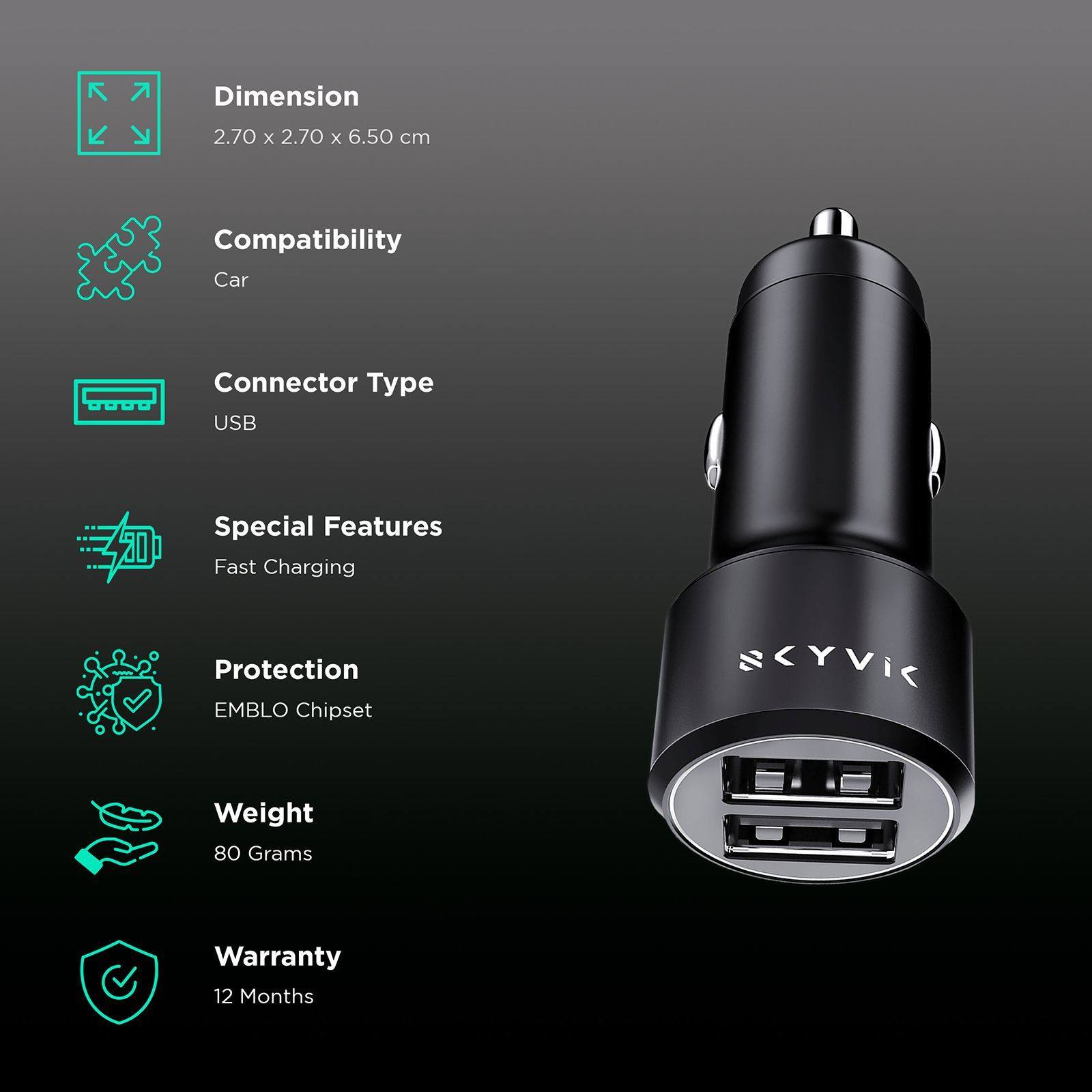 SKYVIK EMBLO Dual Fast Charging Port Q.C 3.0 Car Charger (Car, CC-FF2P, Black)_2