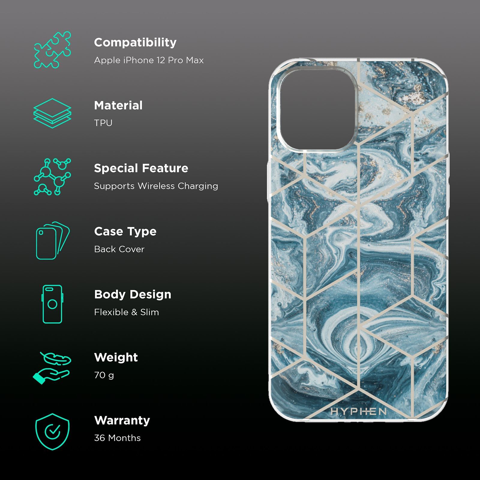 HYPHEN Marble TPU Back Cover for Apple iPhone 12 Pro Max (Compact, Flexible and Slim Design, Pacific Blue)_2