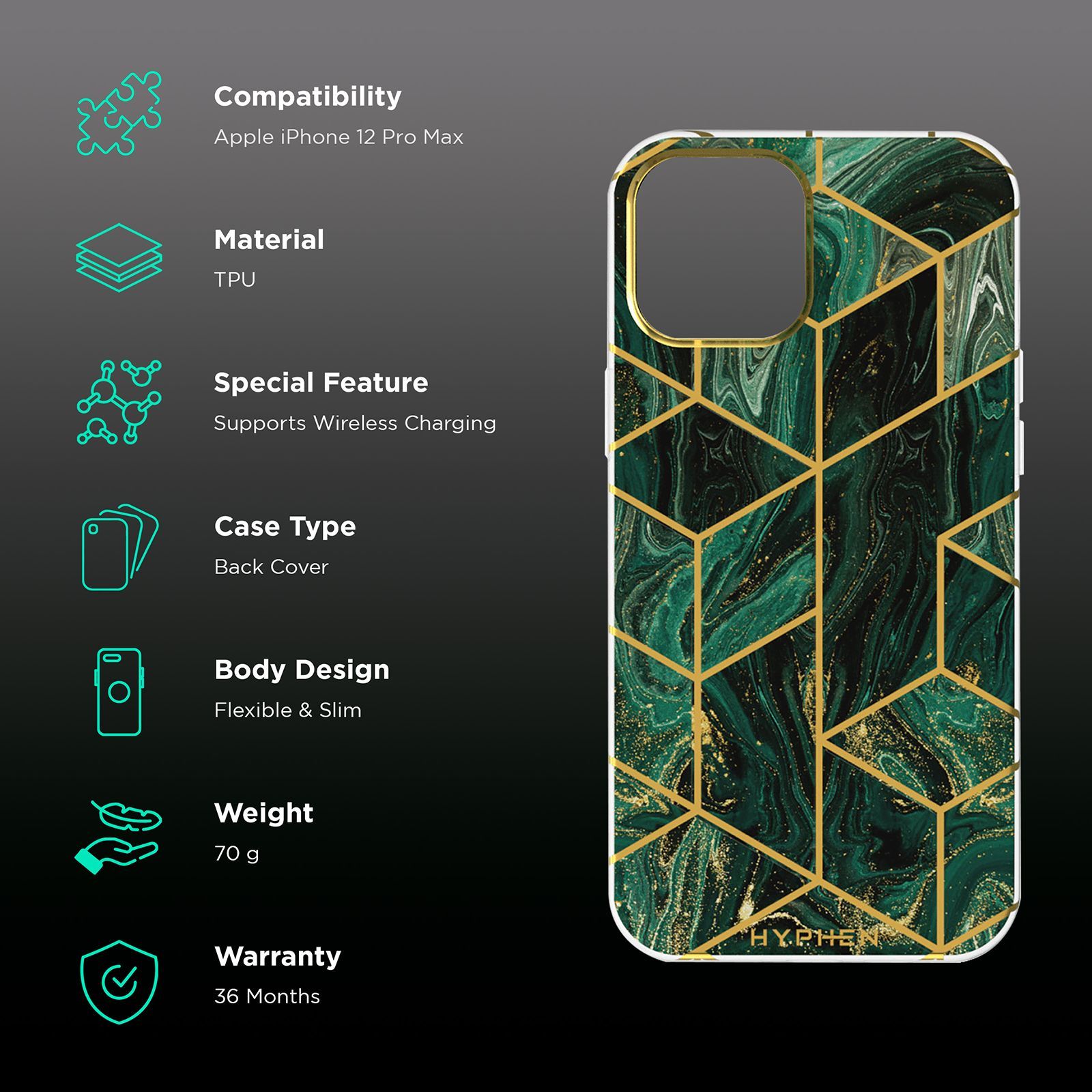 HYPHEN Luxe Marble TPU Back Cover for Apple iPhone 12 Pro Max (Compact and Flexible, Forest Green)_2