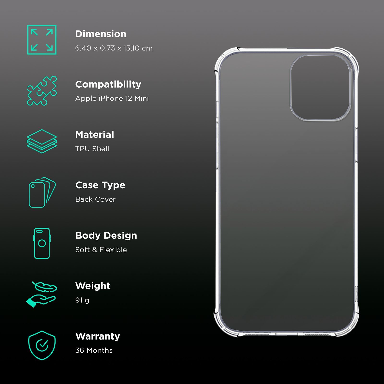 in base Ultra Clear TPU Shell Back Cover for Apple iPhone 12 Mini (Soft and Flexible, Clear)_2