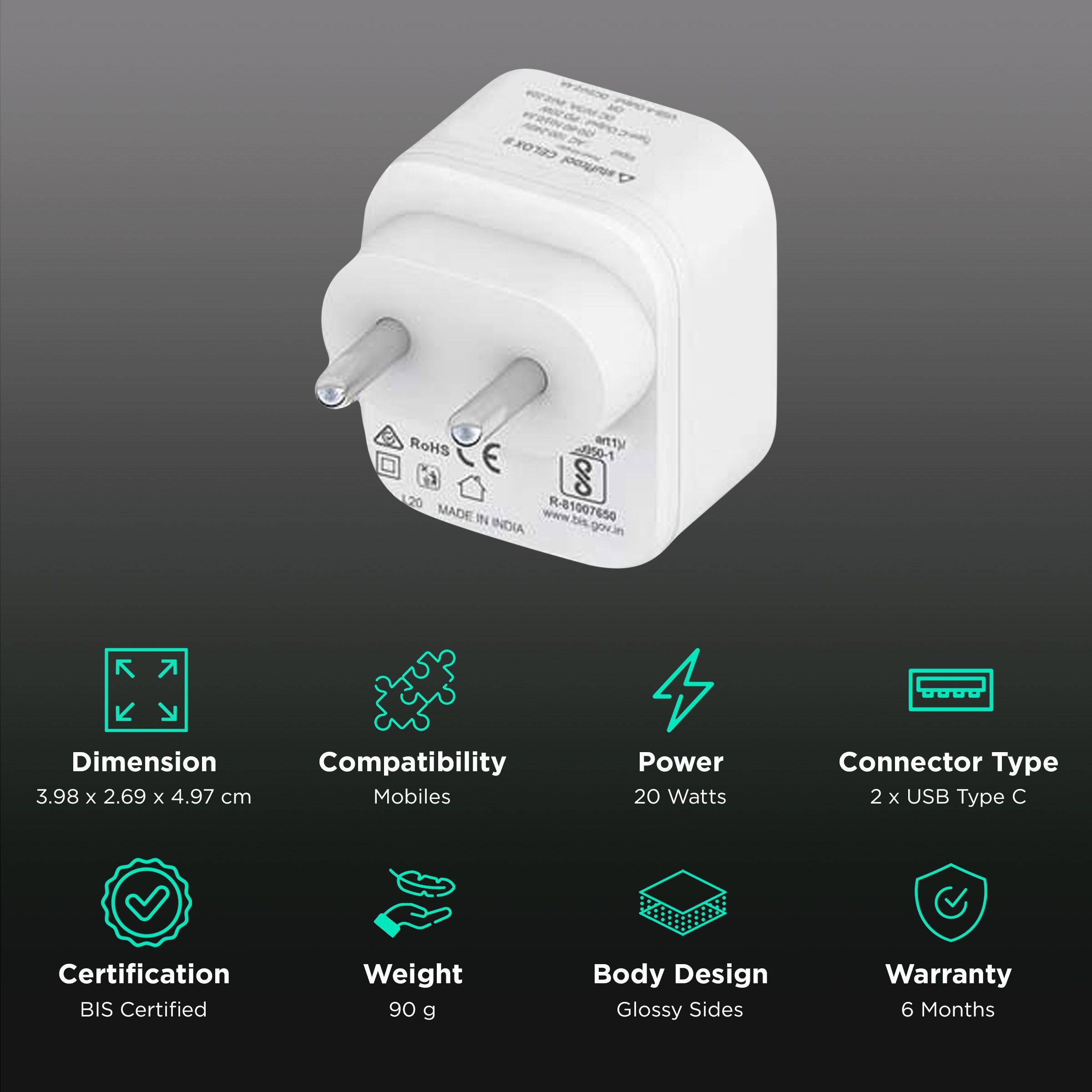 stuffcool Celox2 20W Type A & Type C 2-Port Fast Wall Charger (Adapter Only, BIS Certified, White)_2