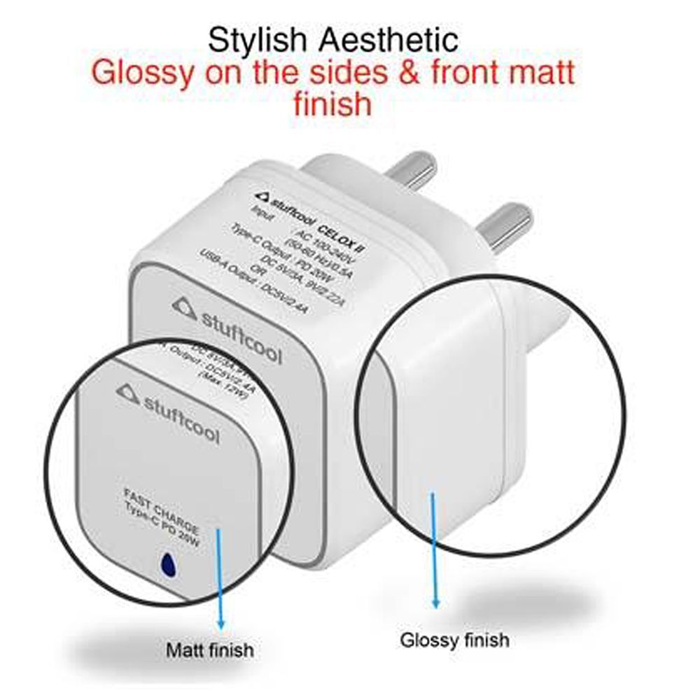 stuffcool Celox2 20W Type A & Type C 2-Port Fast Wall Charger (Adapter Only, BIS Certified, White)_3