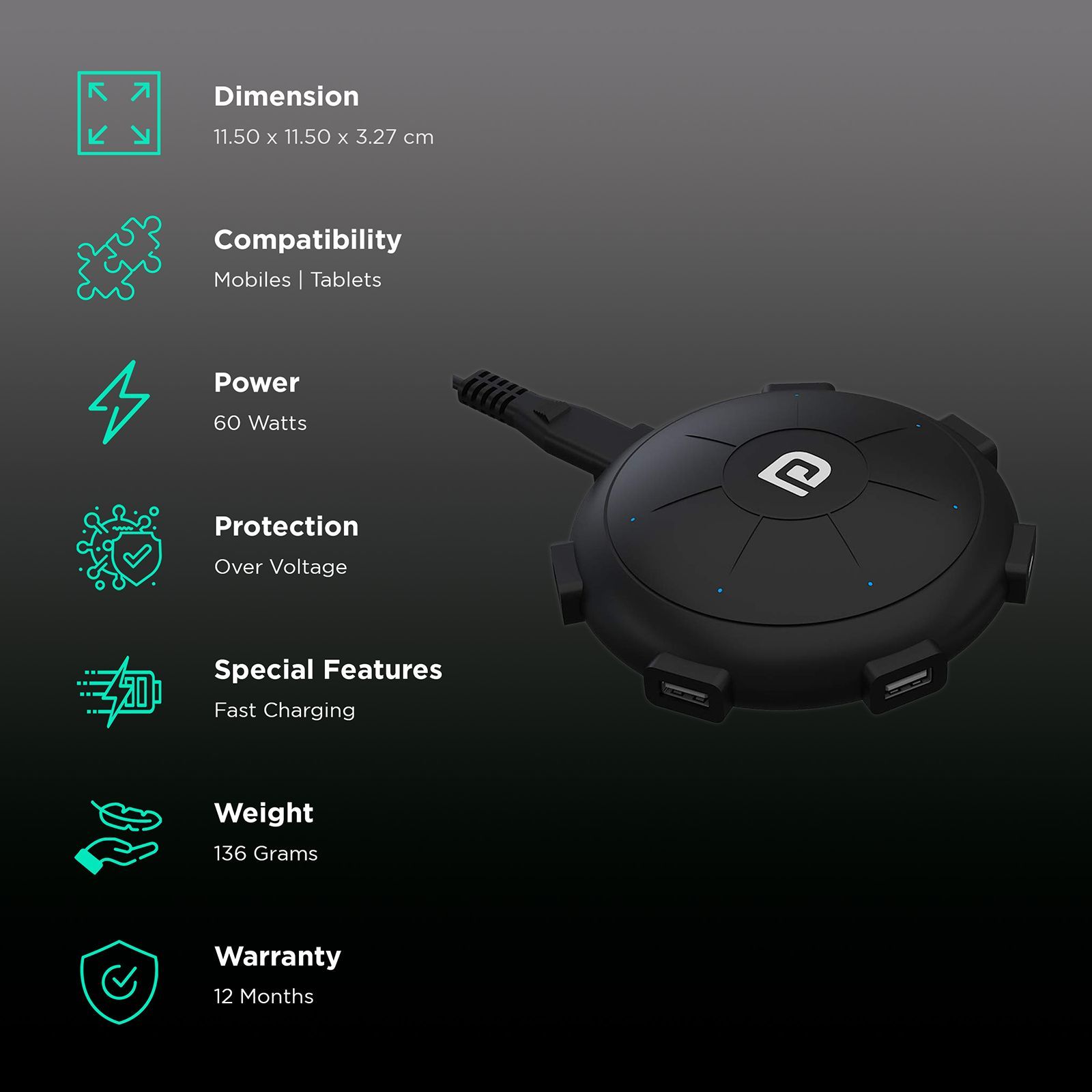 PORTRONICS UFO Pro 60W Type A and Type C 6-Port Fast Charger (Adapter Only, Fast Charging Capability, Black)_2