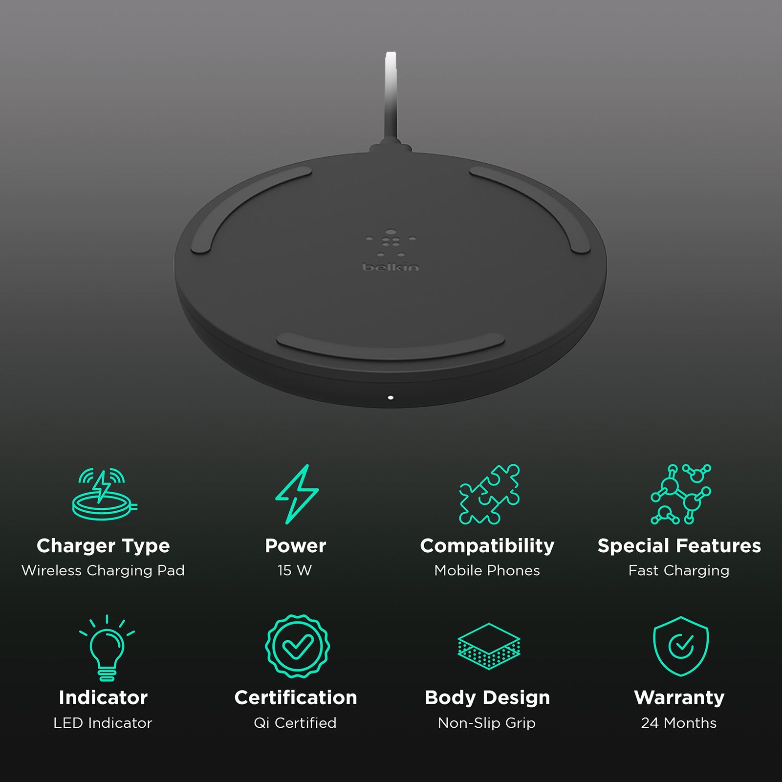 belkin Boost Charge 15W Wireless Charging Pad for iOS, Android (Qi Certified, Fast Charging, Black)_2