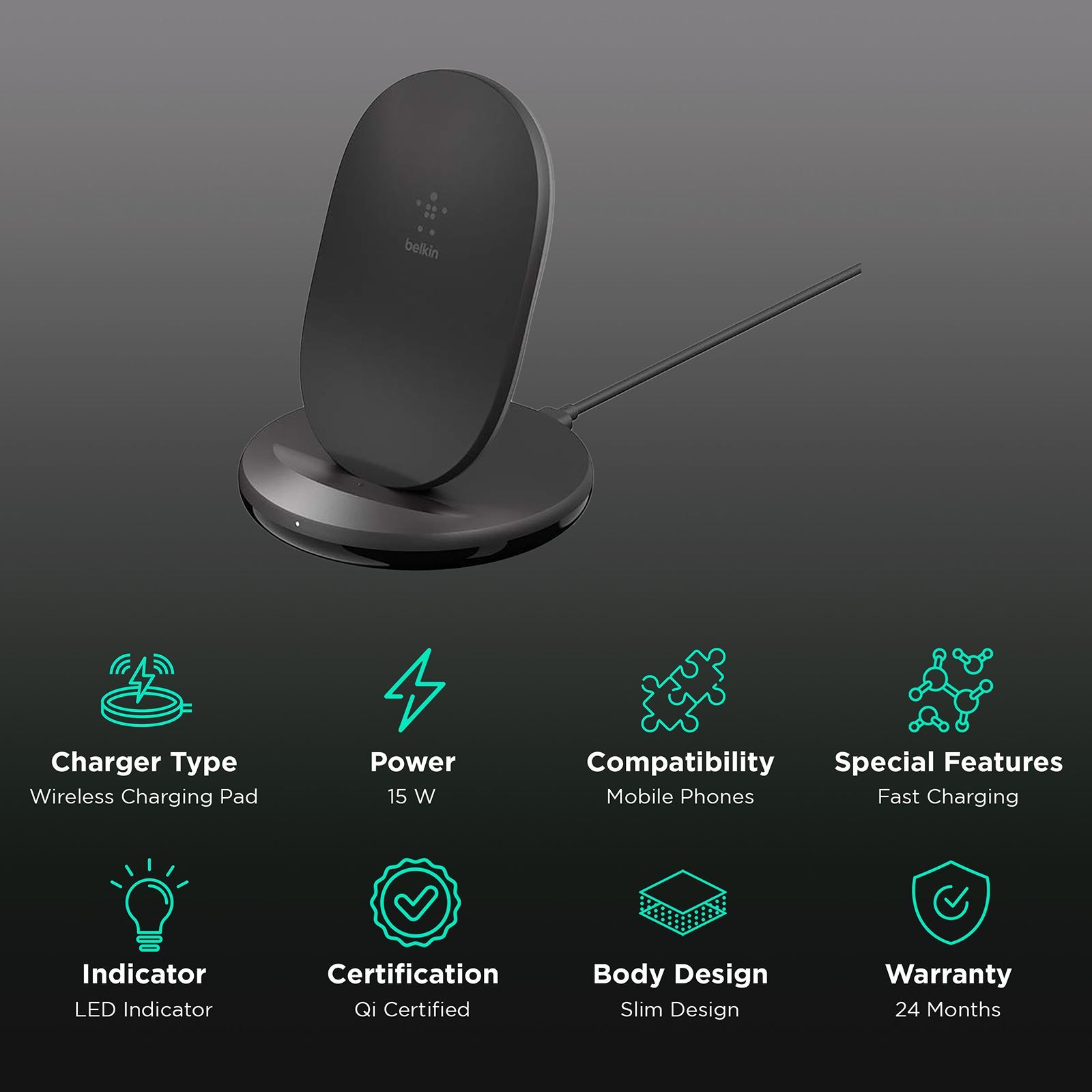 belkin Boost Charge 15W Wireless Charging Pad for iOS, Android (Qi Certified, Fast Charging, Black)_2