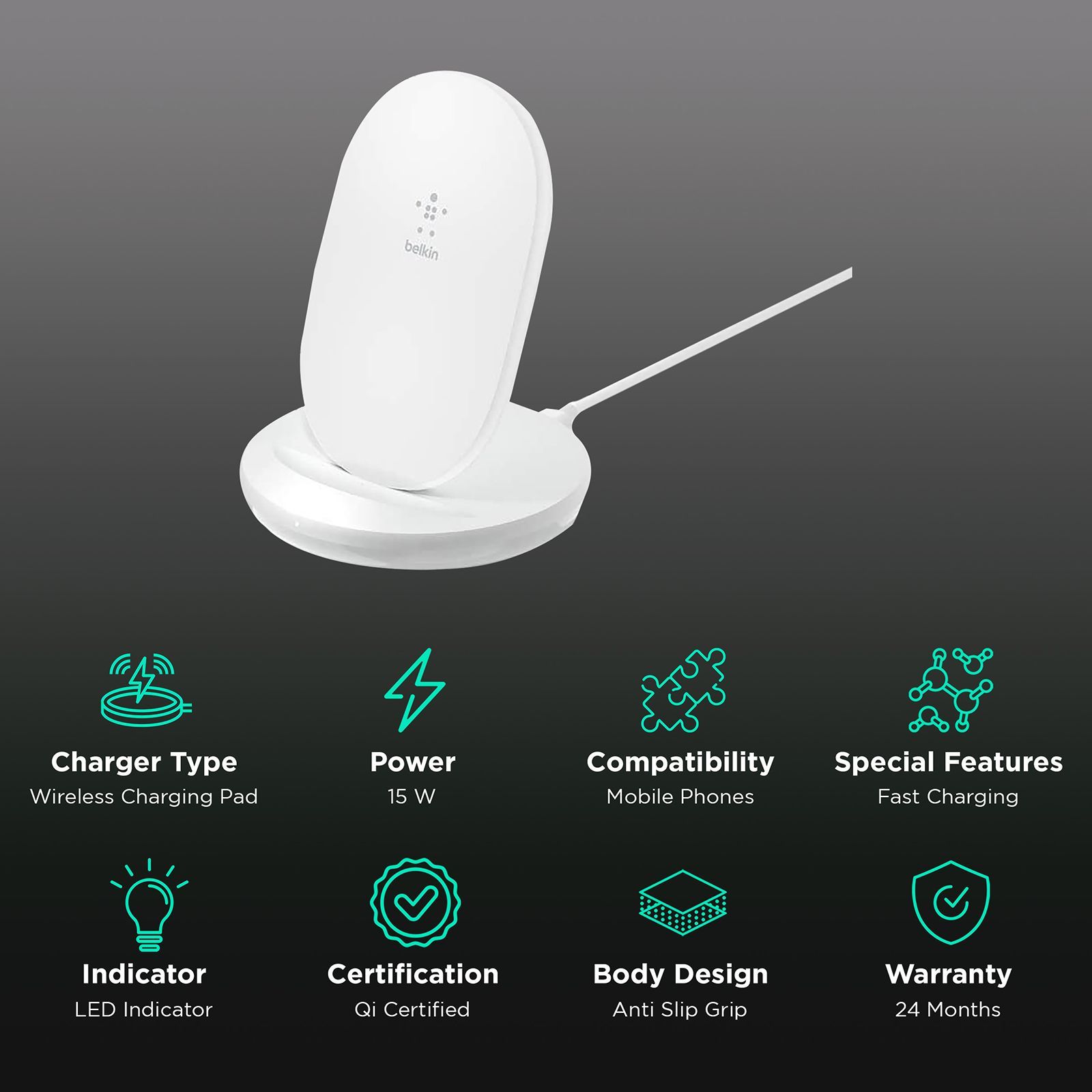 belkin Boost Charge 15W Wireless Charging Pad for iOS, Android (Qi Certified, Fast Charging, White)_2