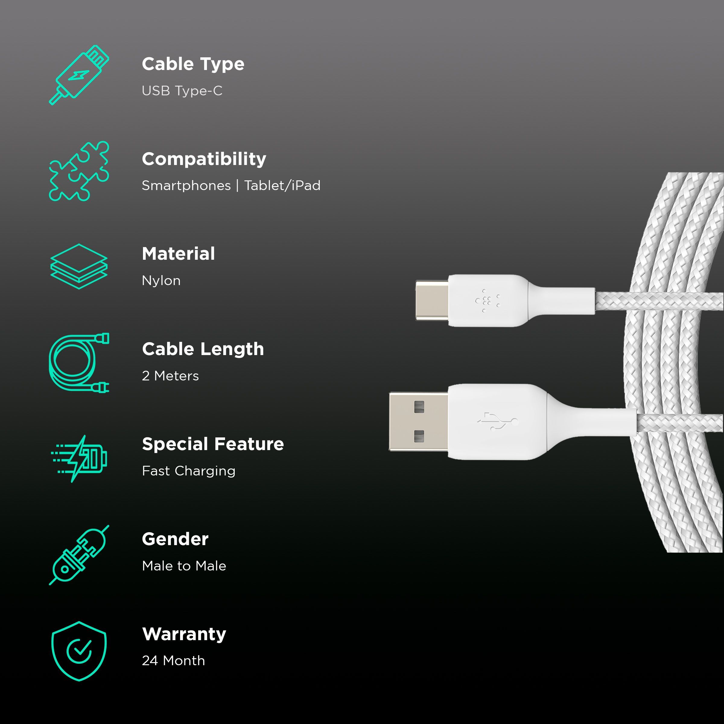 belkin BoostCharge Type A to Type C 6.5 Feet (2M) Cable (Nylon Braided, White)_2