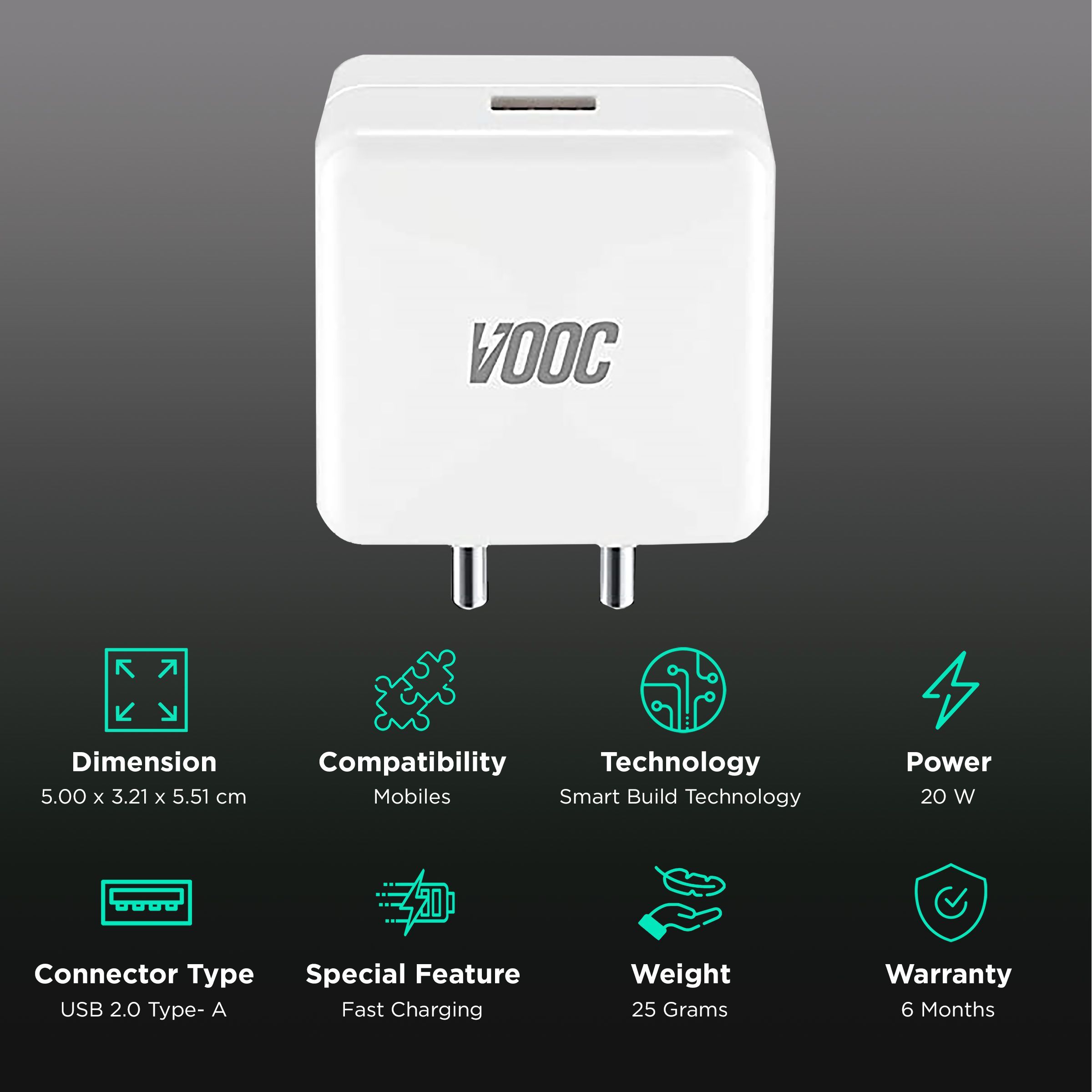 Vaku 20W Type A VOOC Flash Charger (Smart Build Technology, White)_2