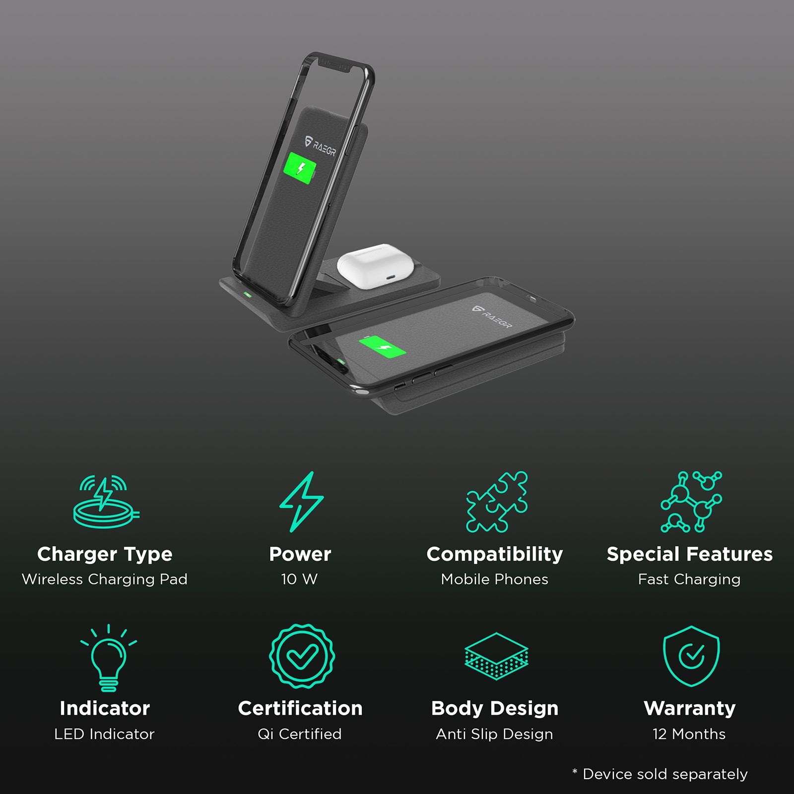 RAEGR Arc 1100 10W Wireless Charger for iOS and Android (Qi Certified, Over Voltage Protection, Sandstone Black)_2