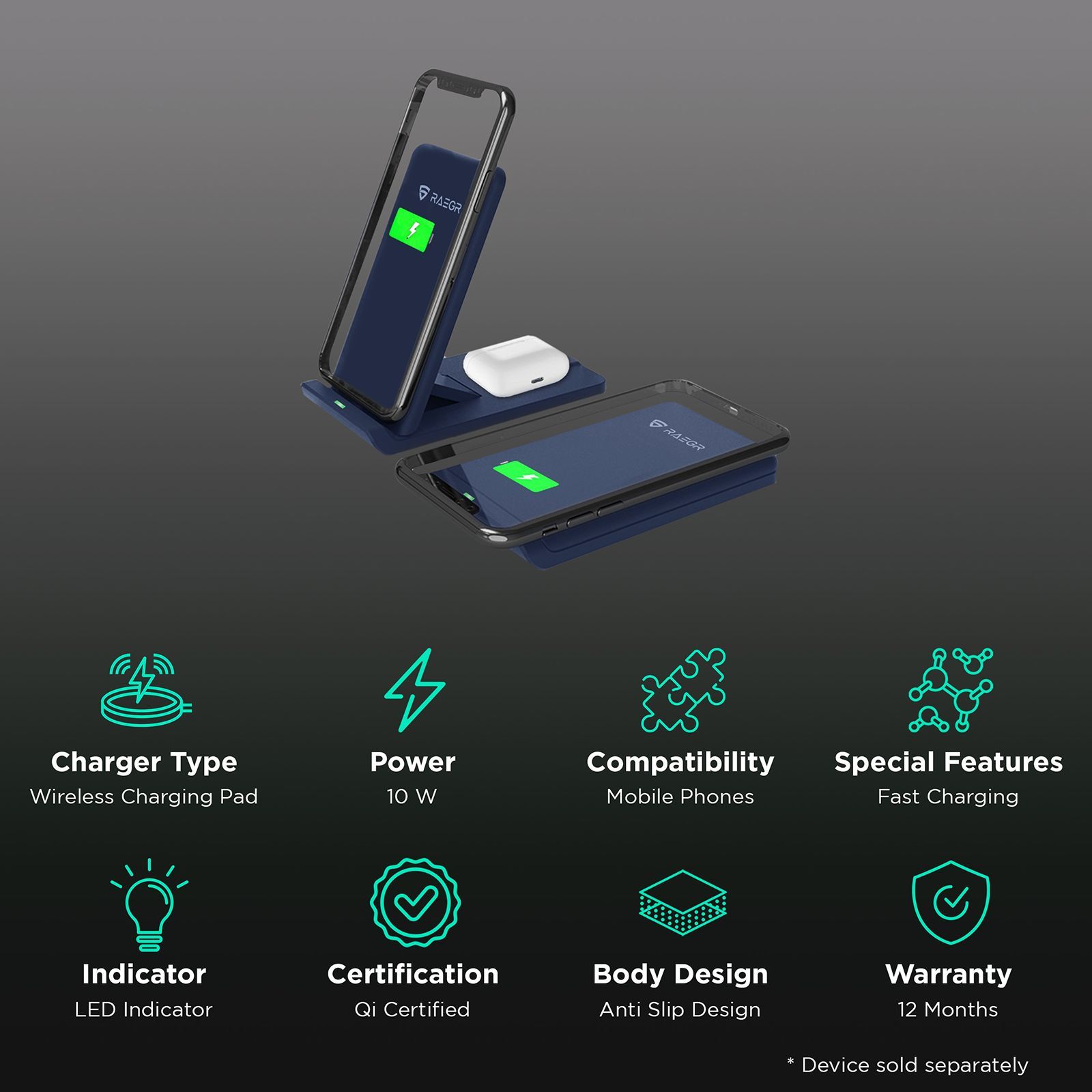 RAEGR Arc 1100 10W Wireless Charger for iOS and Android (Qi Certified, Over Voltage Protection, Navy)_2