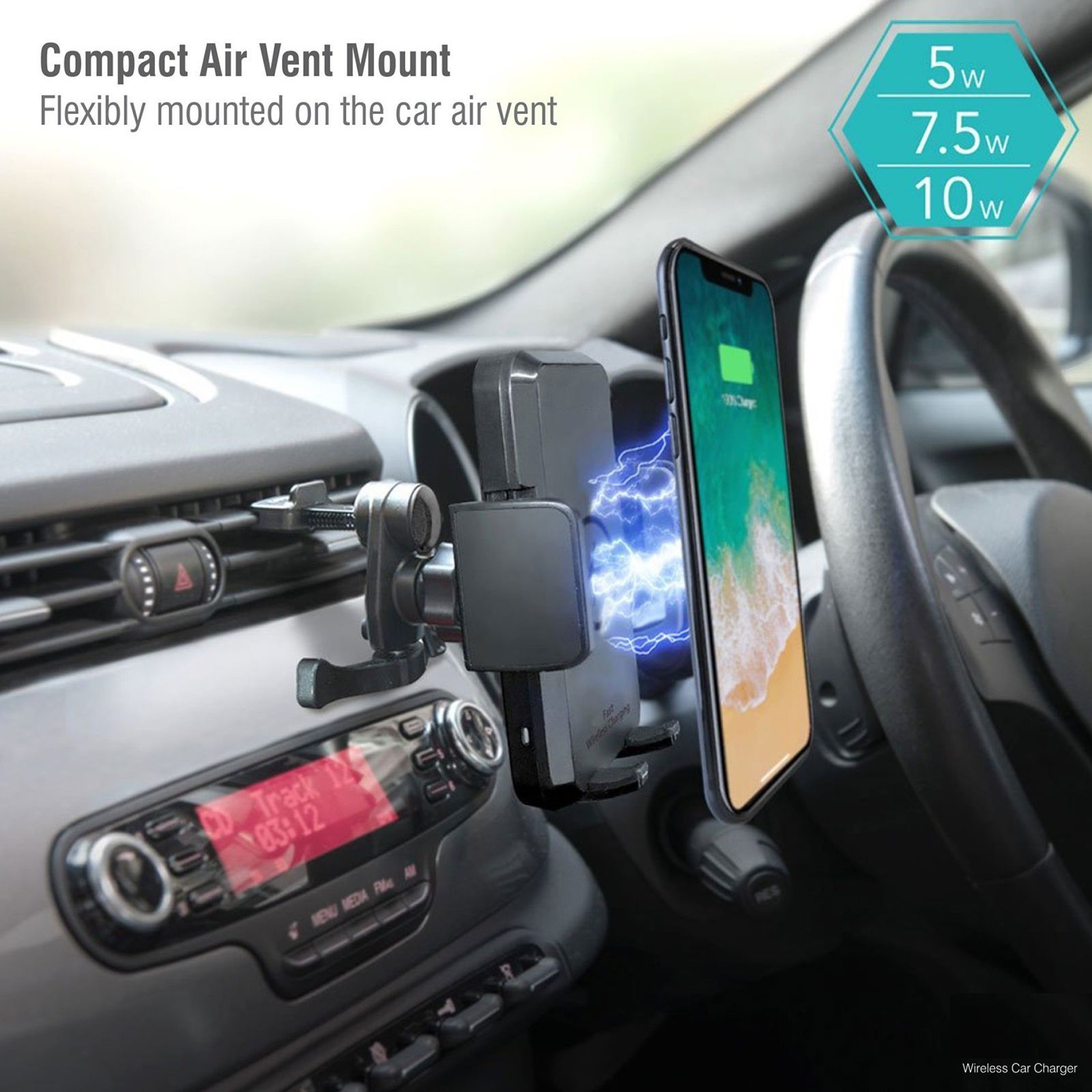 pebble Grip 10W Wireless Car Charger for Smartphones (Qi Certified, Compact Air Vent Mount, Midnight Black)_3