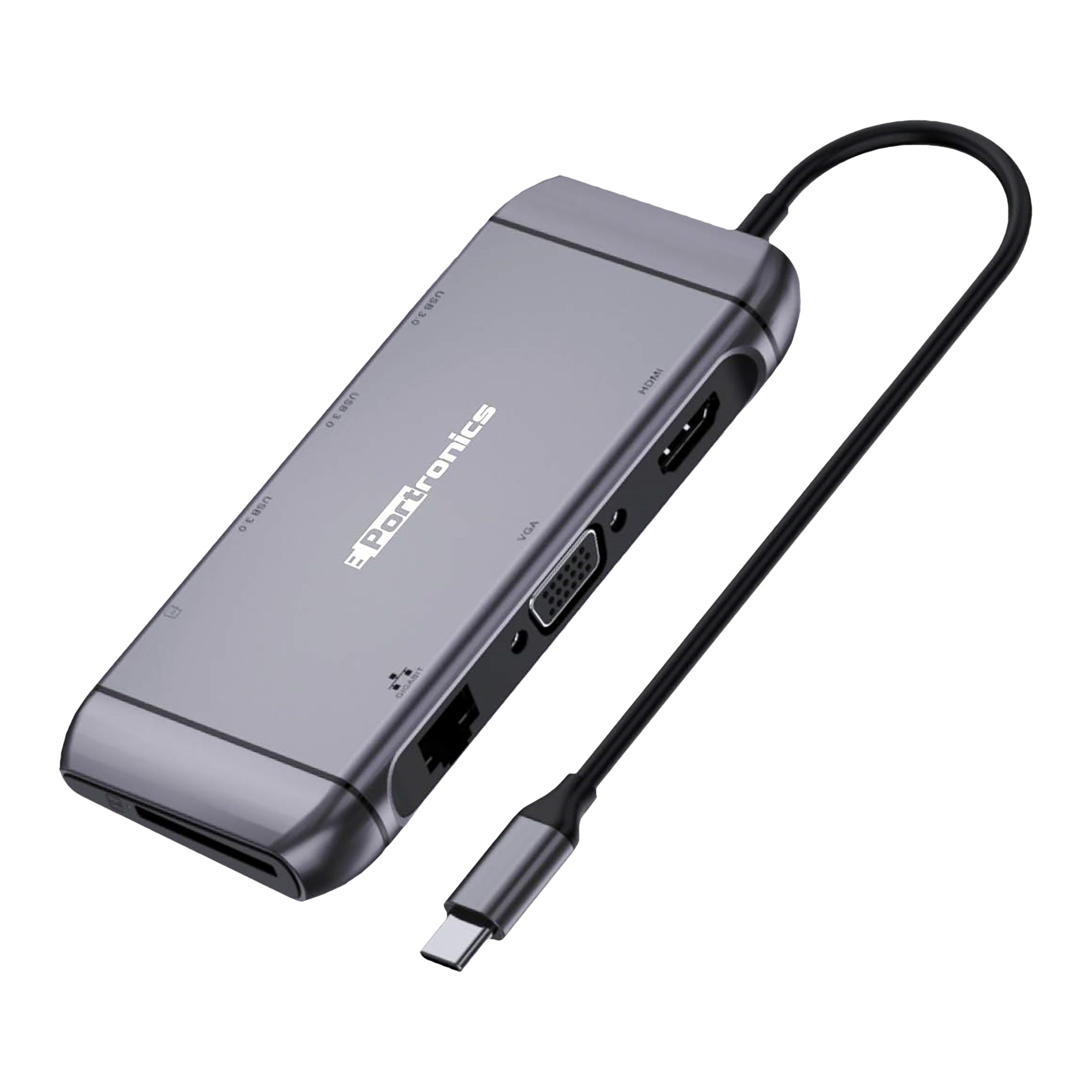 PORTRONICS Mport 9C Type C to Type A, VGA, RJ45, SD Card Slot, HDMI, PD, TF 0.49 Feet (0.15M) 9-in-1 Cable (5 Gbps Data Transfer Speed, Silver)_1