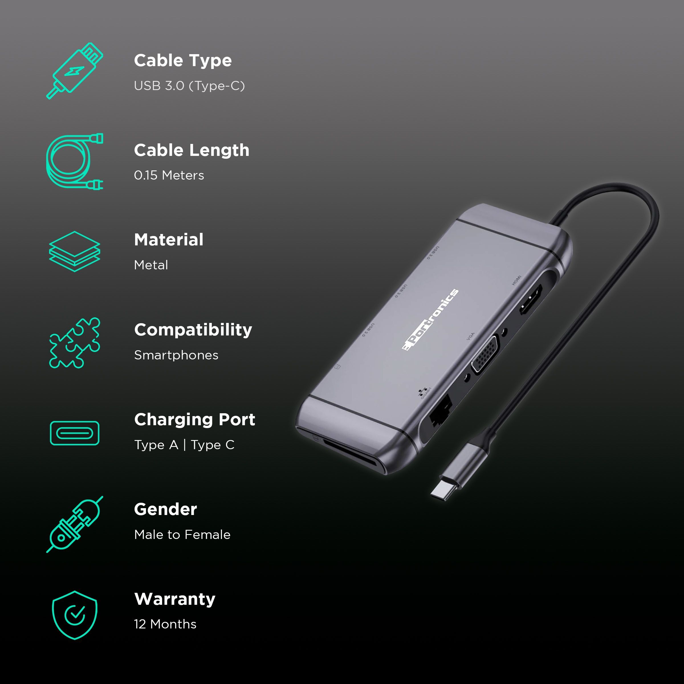PORTRONICS Mport 9C Type C to Type A, VGA, RJ45, SD Card Slot, HDMI, PD, TF 0.49 Feet (0.15M) 9-in-1 Cable (5 Gbps Data Transfer Speed, Silver)_2