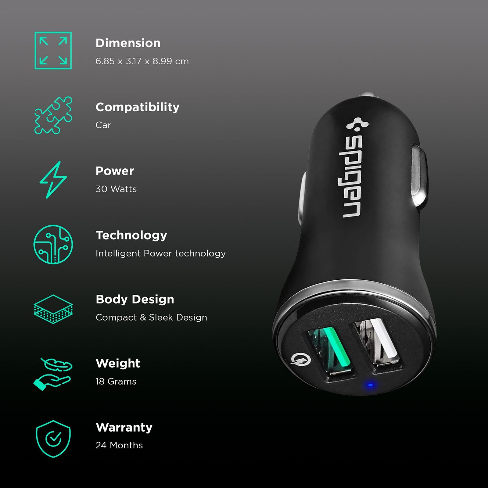 spigen 30 Watts 2 USB Ports Car Charging Adapter (Safe Charging, 000CG20643, Black) spigen 30 Watts 2 USB Ports Car Charging Adapter (Safe Charging, 000CG20643, Black)_2