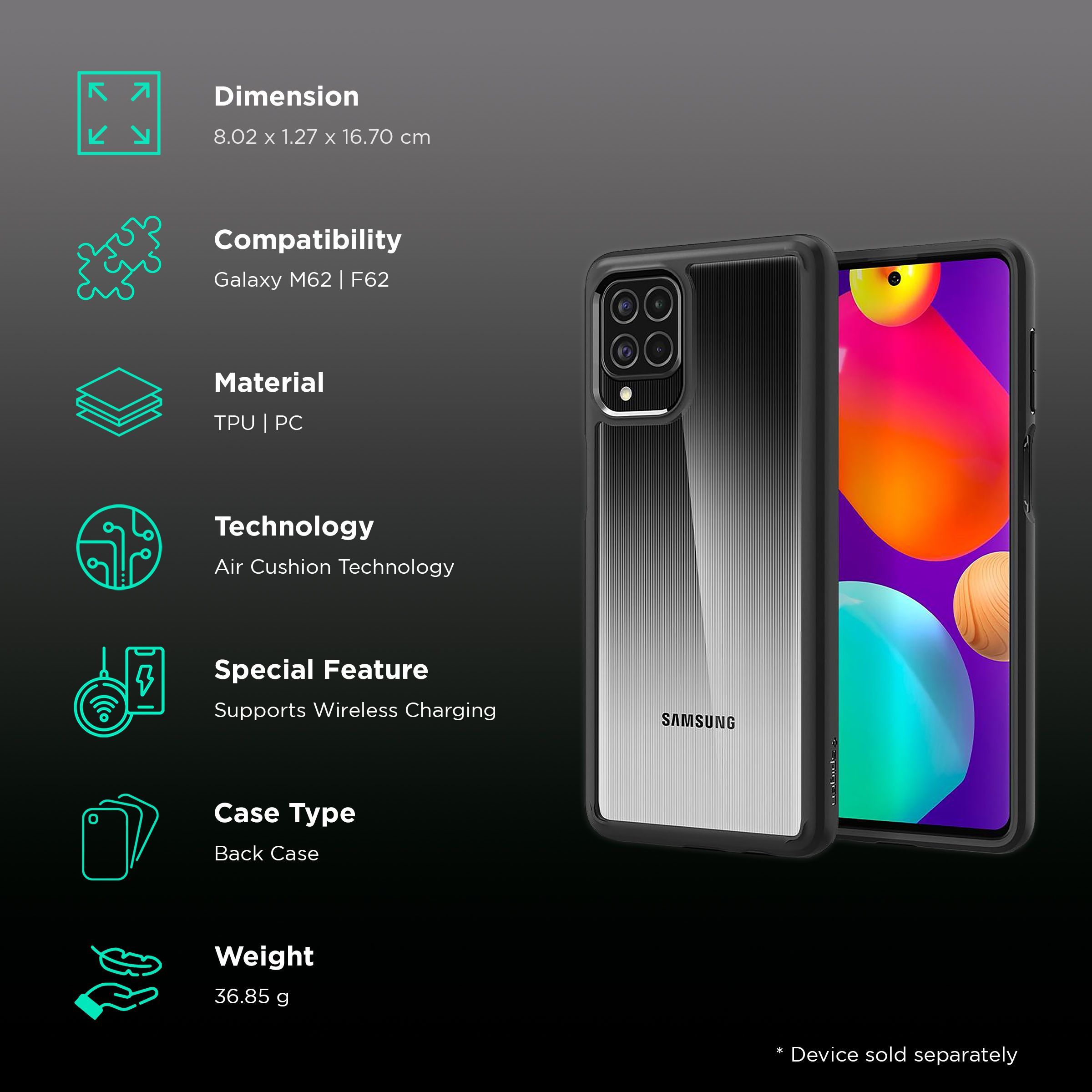 spigen Ultra Hybrid TPU & Polycarbonate Back Cover for SAMSUNG Galaxy M62, F62 (Air Cushion Technology, Matte Black)_2