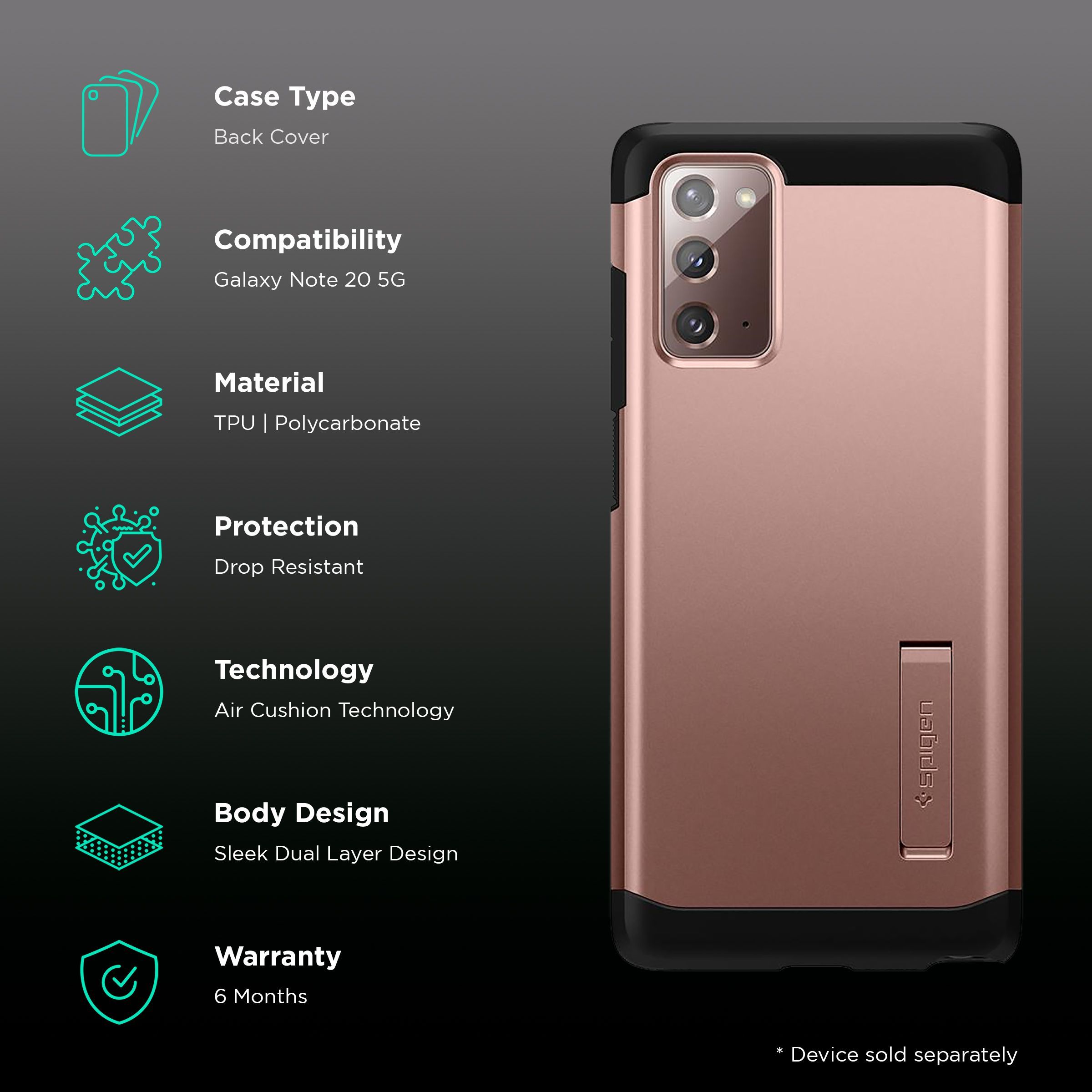 spigen Tough Armor TPU & Polycarbonate Back Case with Stand for SAMSUNG Galaxy Note 20 (Wireless Charging Compatible, Bronze)_2