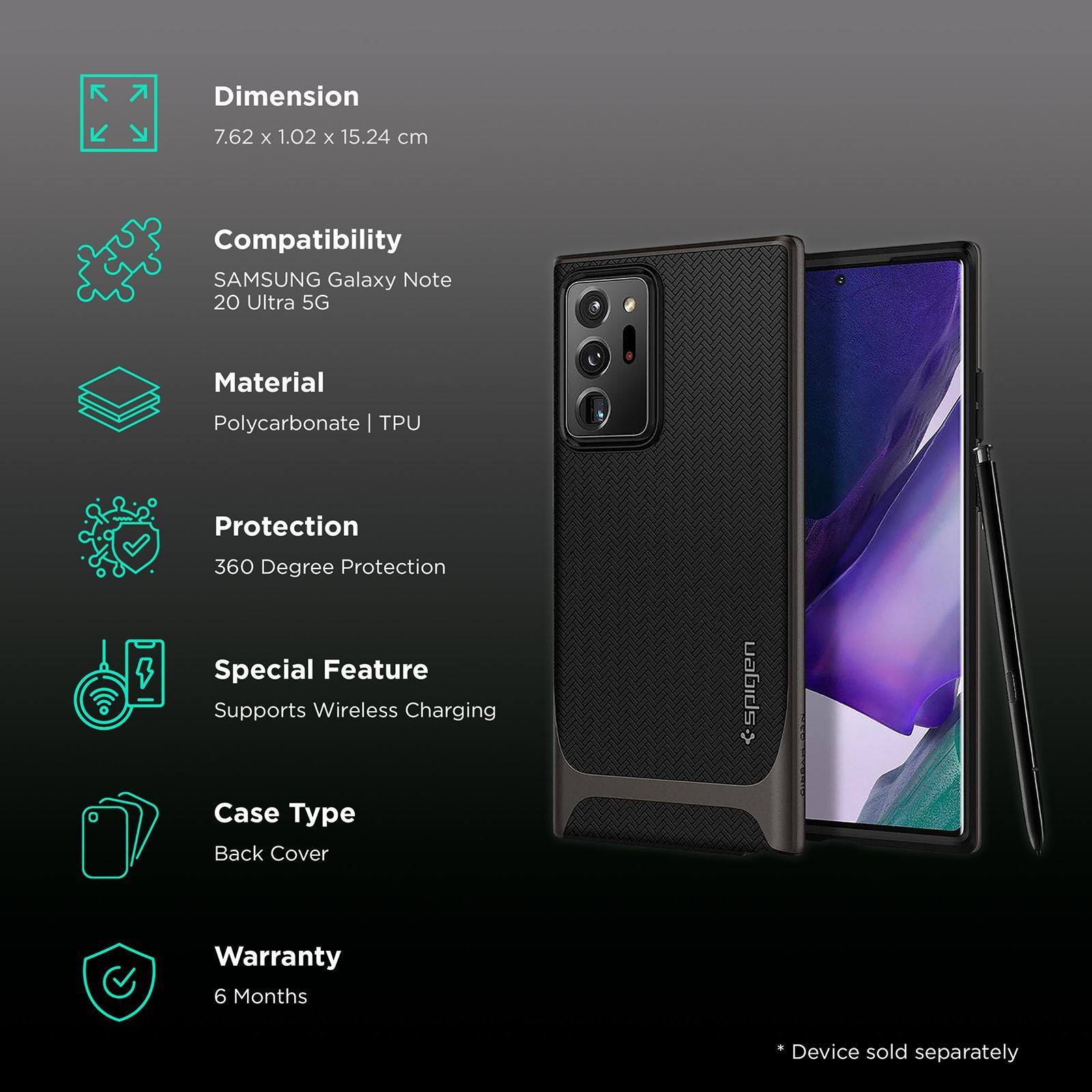 spigen Neo Hybrid TPU & Polycarbonate Back Cover for SAMSUNG Galaxy Note 20 Ultra (Air Cushion Technology, Gunmetal)_2