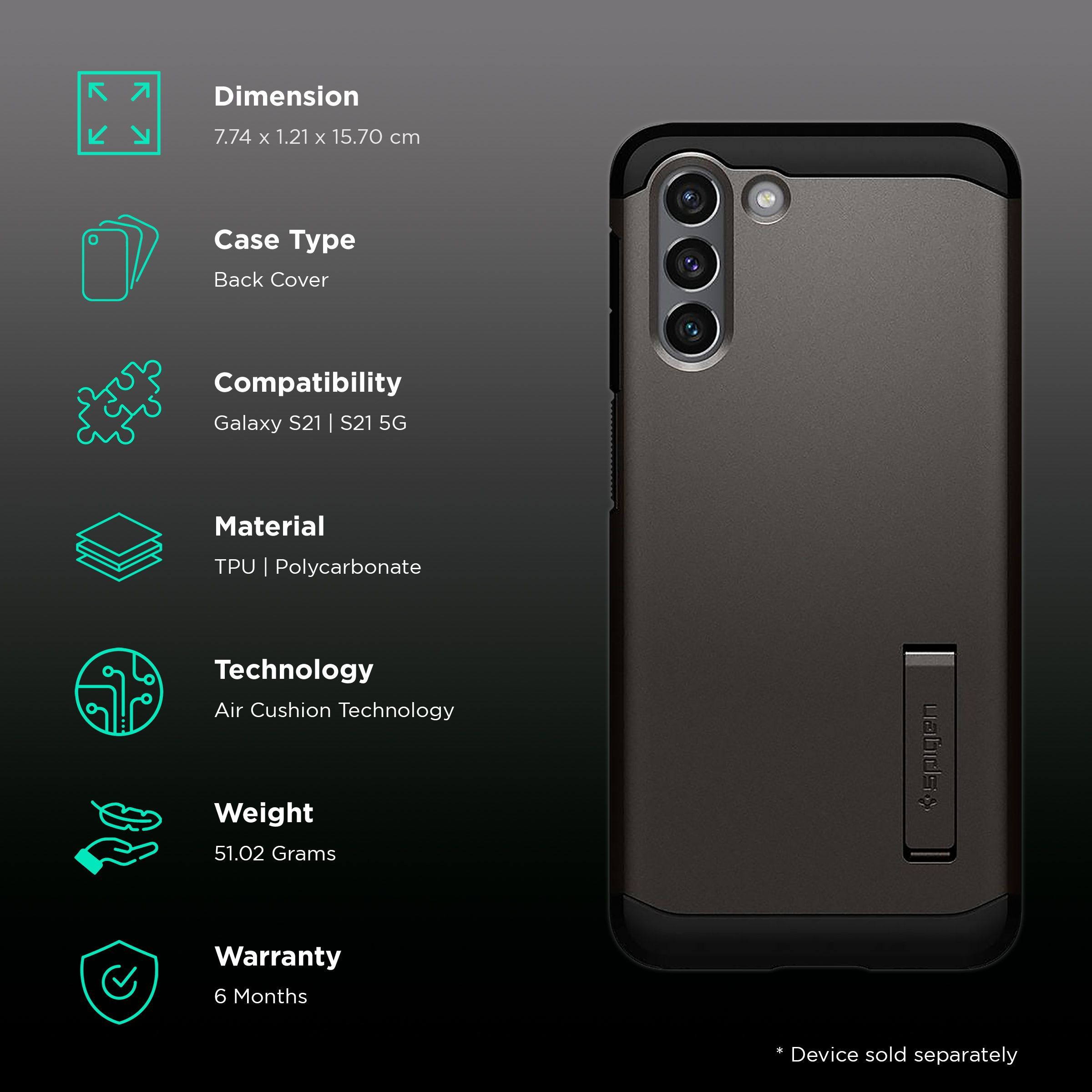spigen Tough Armor TPU & Polycarbonate Back Case with Stand for SAMSUNG Galaxy S21 (Wireless Charging Compatible, Gunmetal)_2