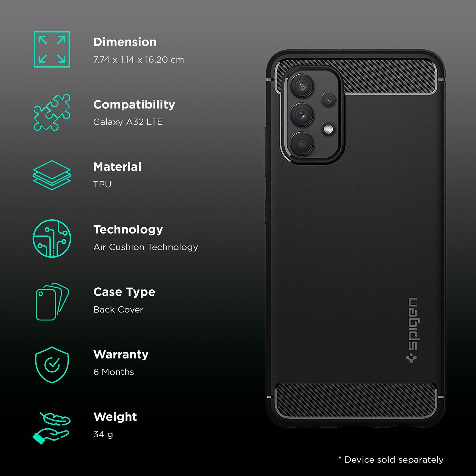 spigen Rugged Armor TPU Back Case For Galaxy A32 LTE (Air Cushion Technology, ACS02741, Matte Black)_2