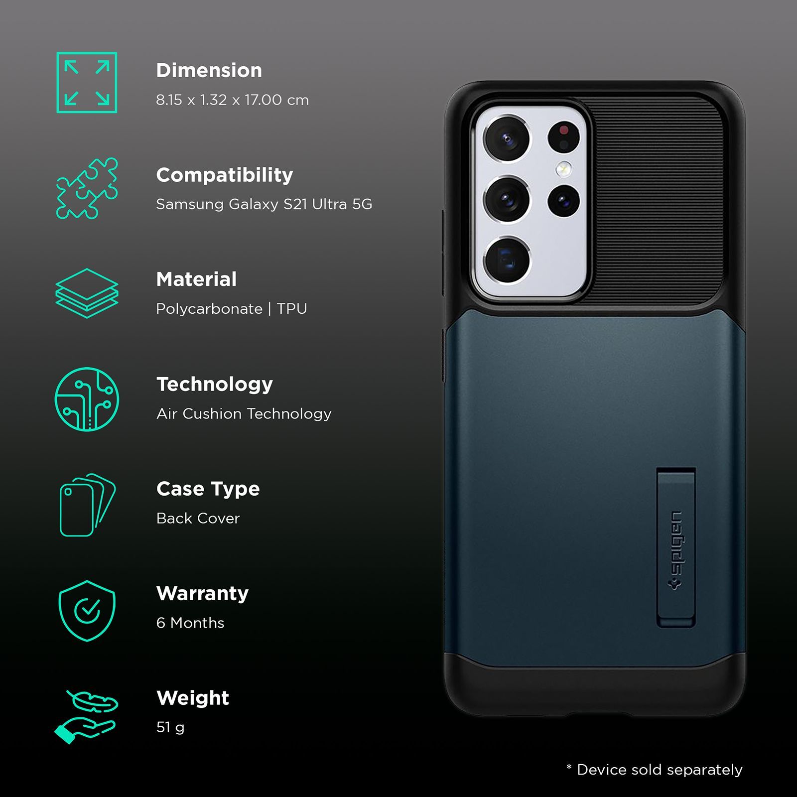 spigen Slim Armor TPU & Polycarbonate Back Cover for SAMSUNG Galaxy S21 Ultra (Wireless Charging Compatible, Metal Slate)_2