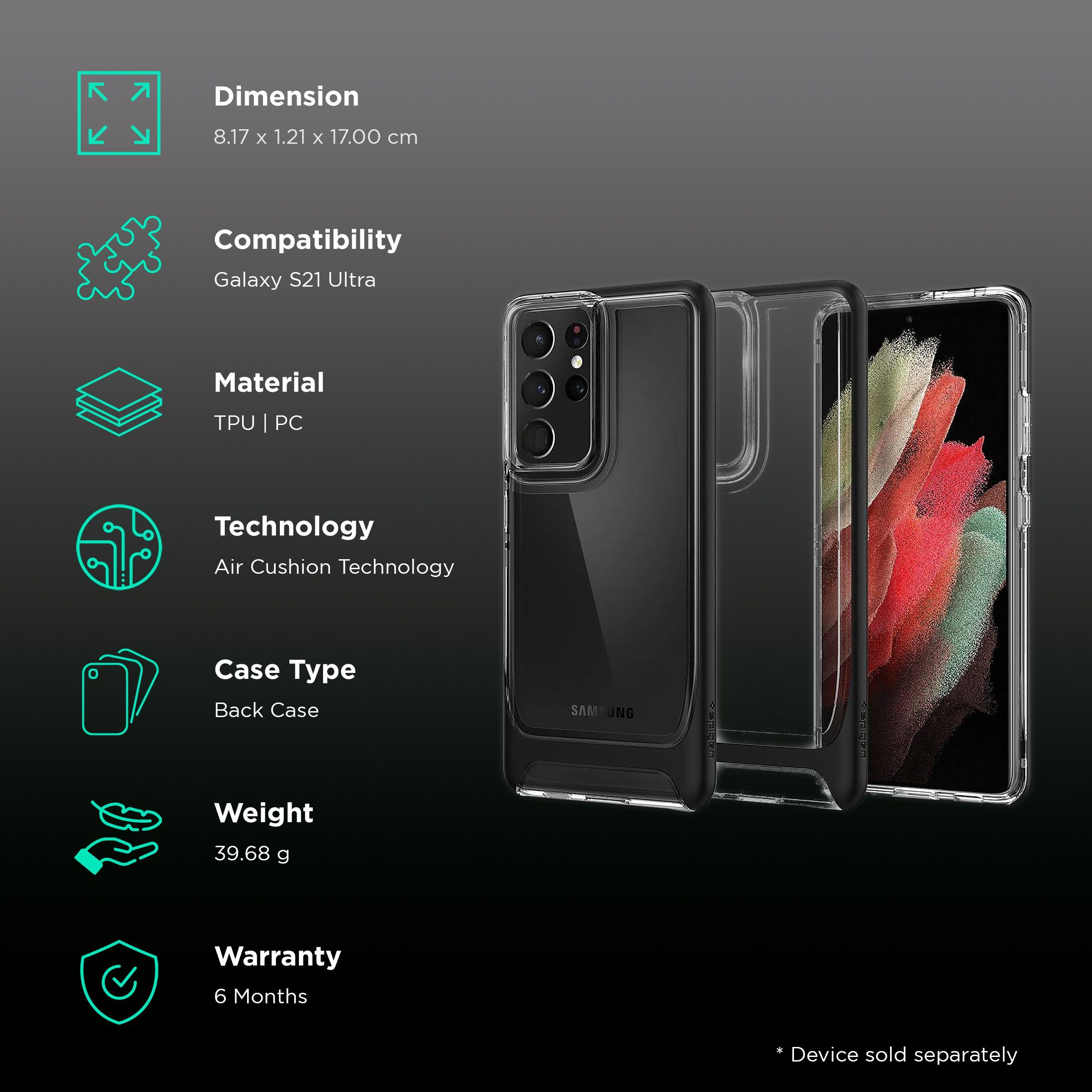 spigen Neo Hybrid Crystal TPU & Polycarbonate Back Cover for SAMSUNG Galaxy S21 Ultra (Wireless Charging Compatible, Black)_2