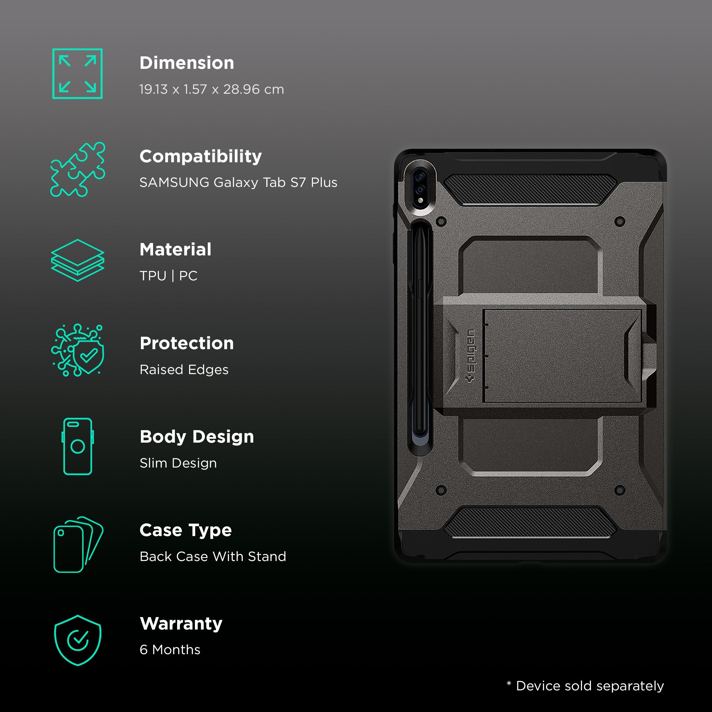 spigen Tough Armor Pro Polycarbonate Back Cover for SAMSUNG Galaxy Tab S8 Plus, Tab S7 Plus (Built-In Pen Storage, Gunmetal)_2
