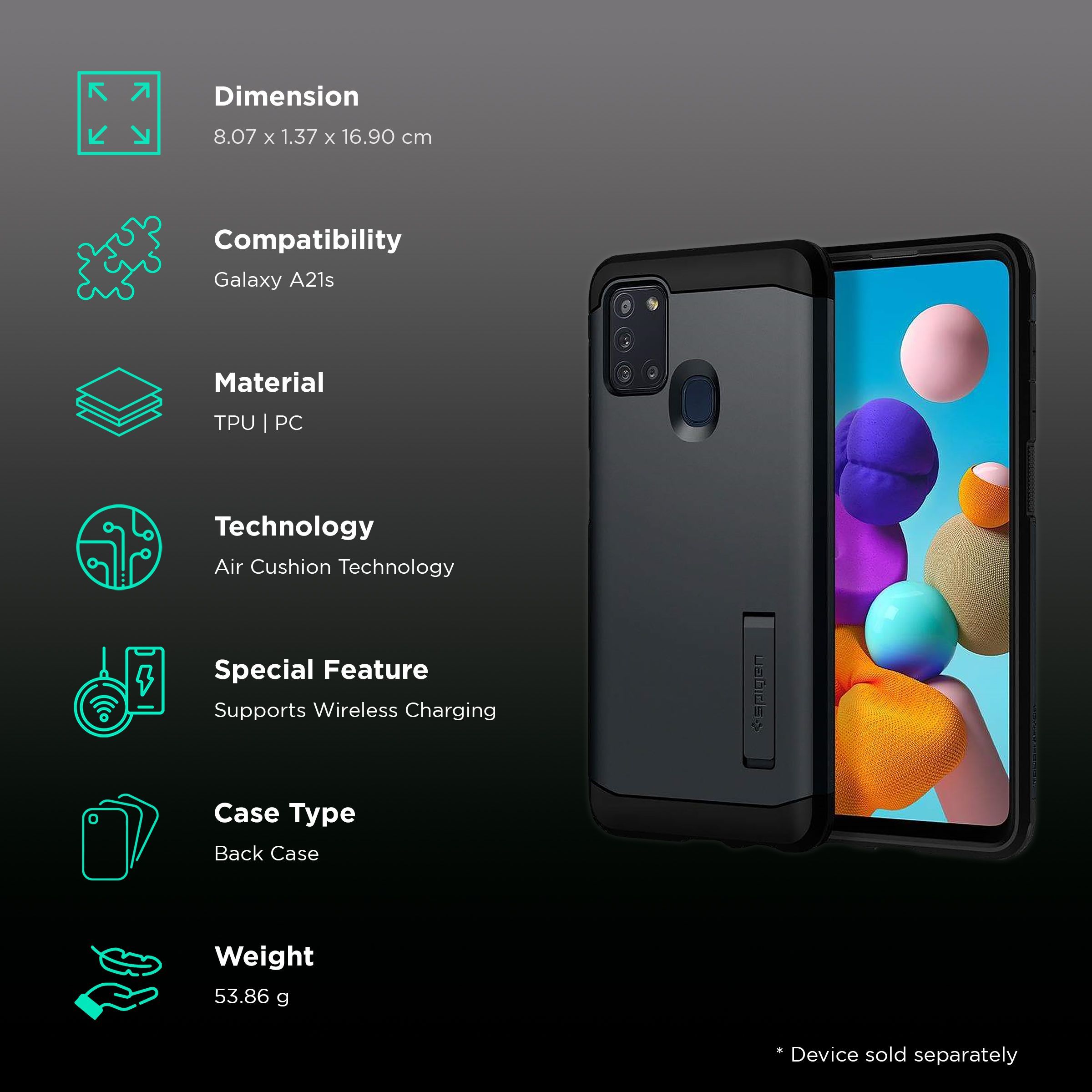 spigen Tough Armor TPU & Polycarbonate Back Case with Stand for SAMSUNG Galaxy A21s (Wireless Charging Compatible, Metal Slate)_2