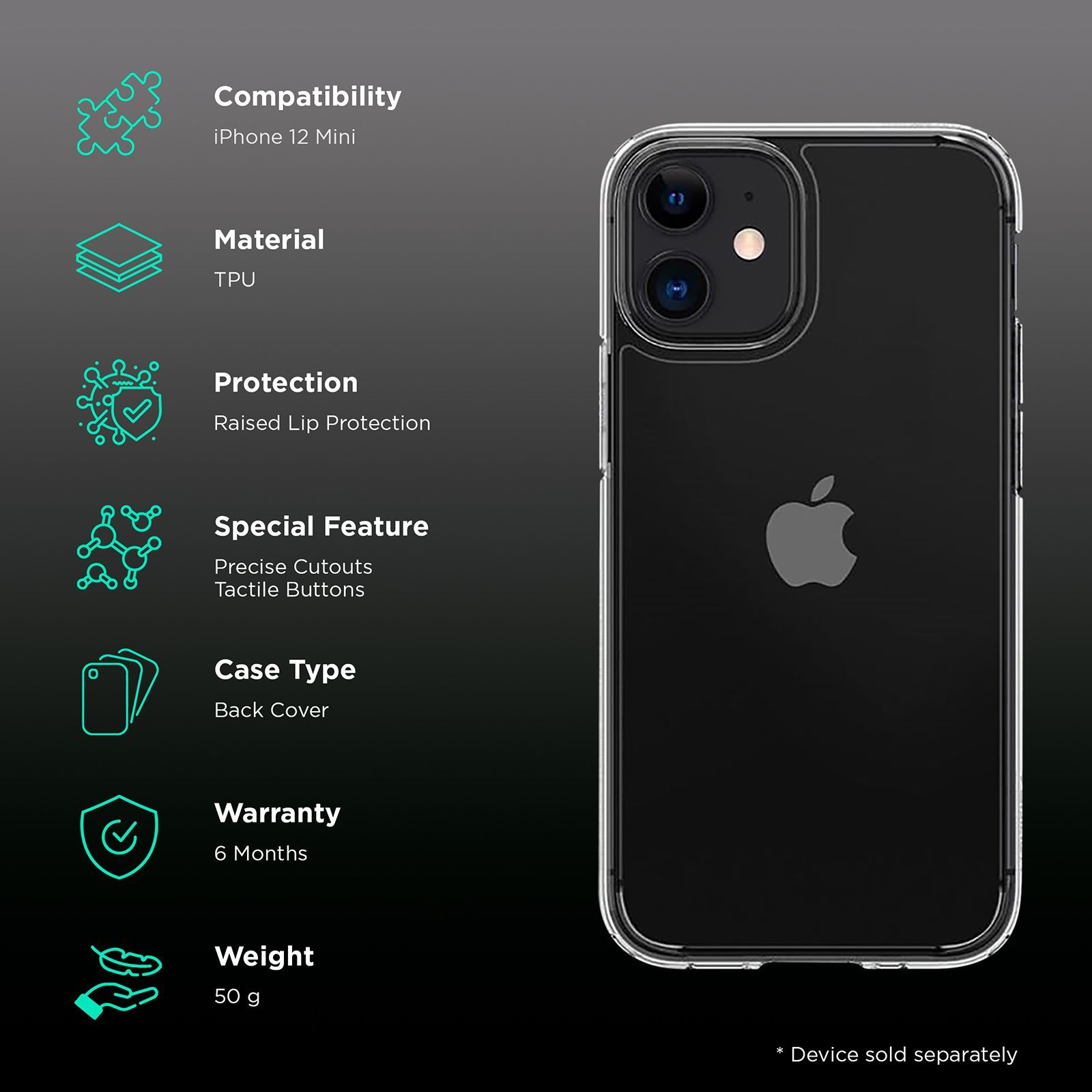 spigen Crystal Hybrid TPU Back Cover for Apple iPhone 12 Mini (Raised Lip Protection, Clear)_2