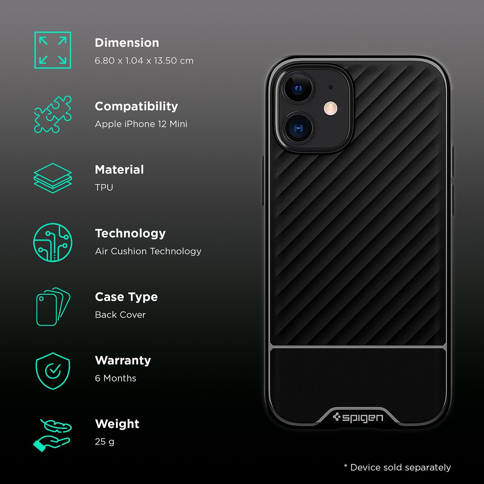 spigen Core Armor Thermoplastic Polyurethane Back Cover for Apple iPhone 12 Mini (Air Cushion Technology, Matte Black)_2