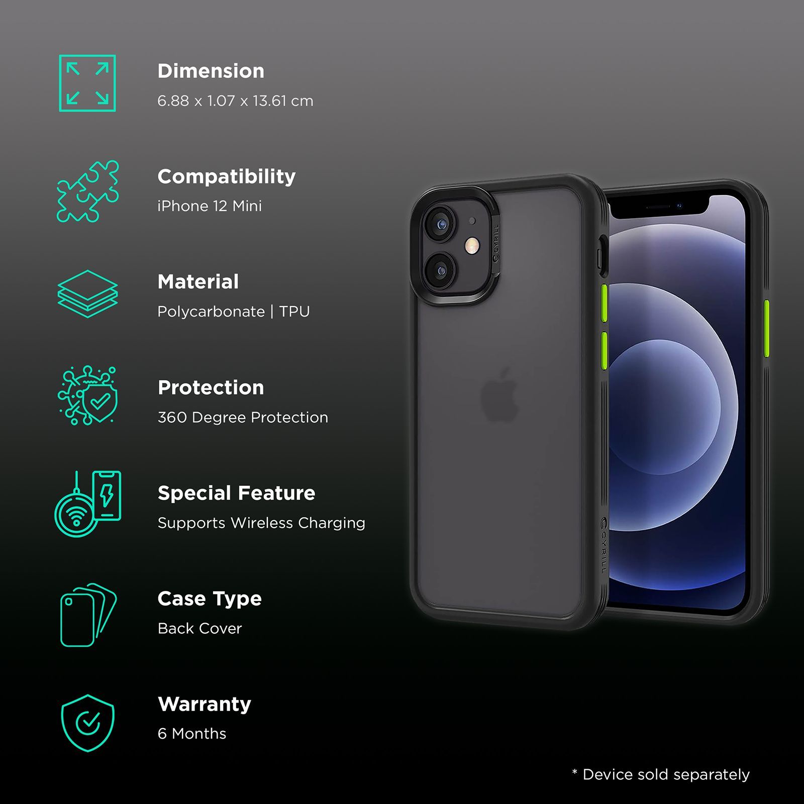 spigen Cyrill Color Brick Hard TPU & Polycarbonate Back Cover for Apple iPhone 12 Mini (Supports Wireless Charging, Black)_2