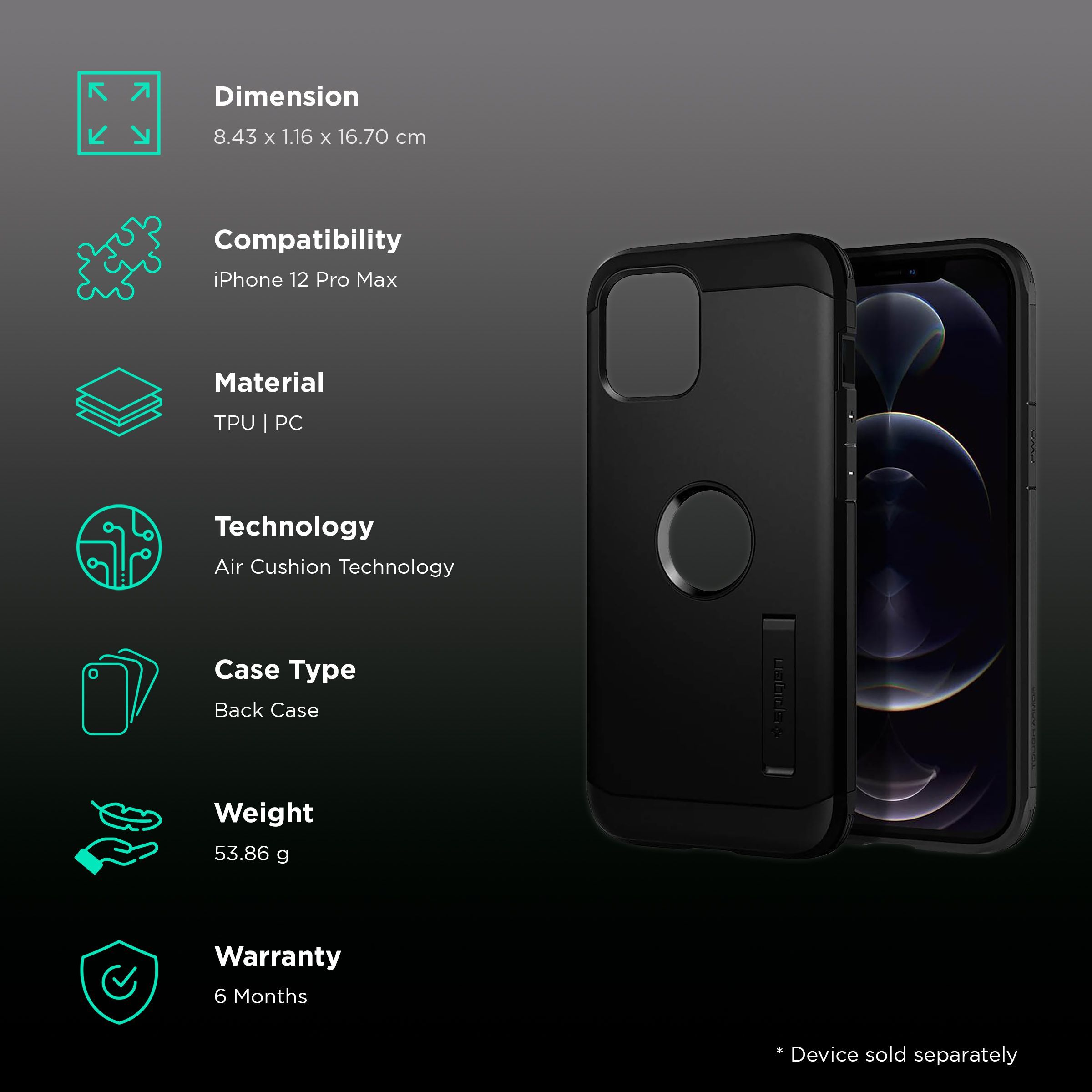 spigen Tough Armor TPU & Polycarbonate Back Case with Stand for Apple iPhone 12 Pro Max (Wireless Charging Compatible, Black)_2