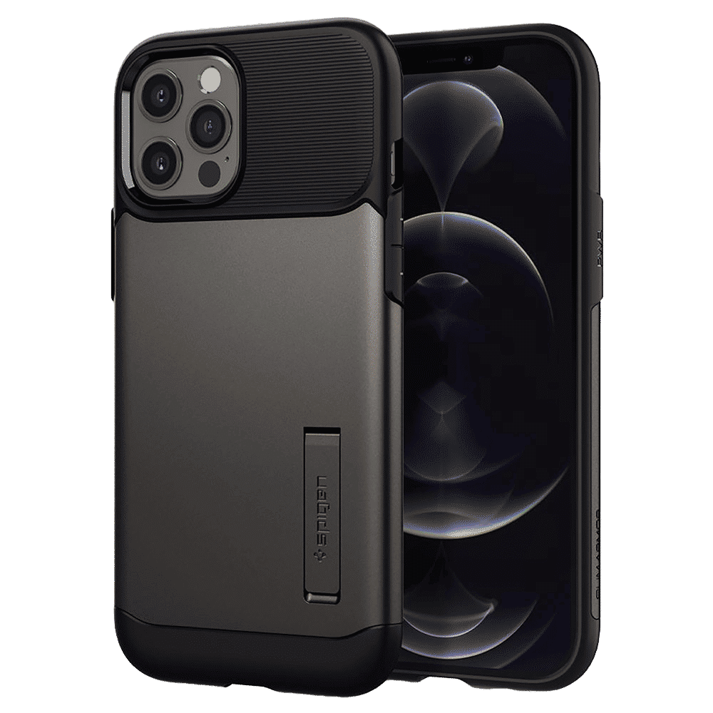 spigen Slim Armor Polycarbonate Thermoplastic Polyurethane Back Case with Stand for Apple iPhone 12 Pro Max (Air Cushion Technology, ACS01480, Gun Metal)_1